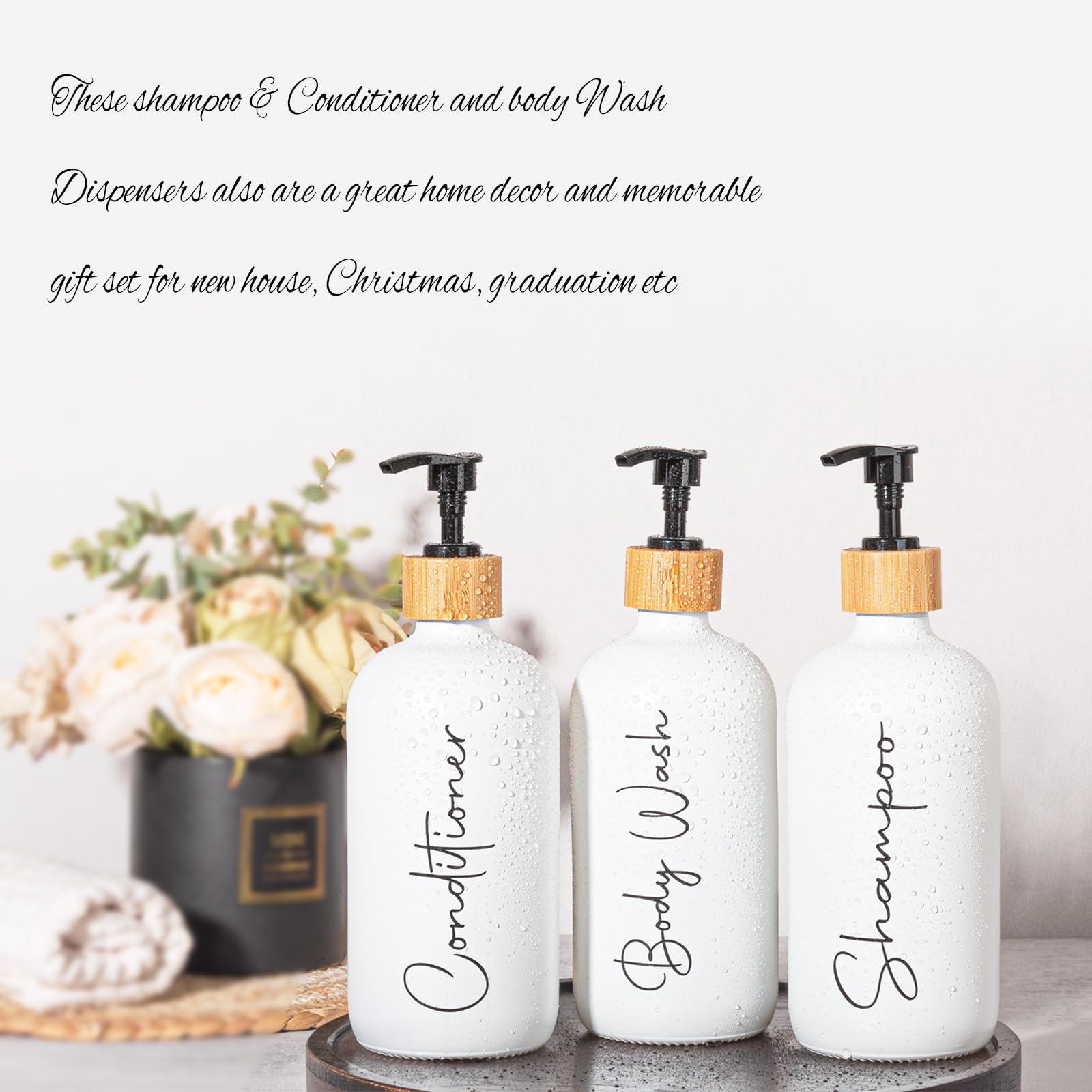 Glass Shampoo And Conditioner Pump Bottles Soap Dispenser Bamboo Pump Head Empty Glass Refillable Shampoo Conditioner Body Wash