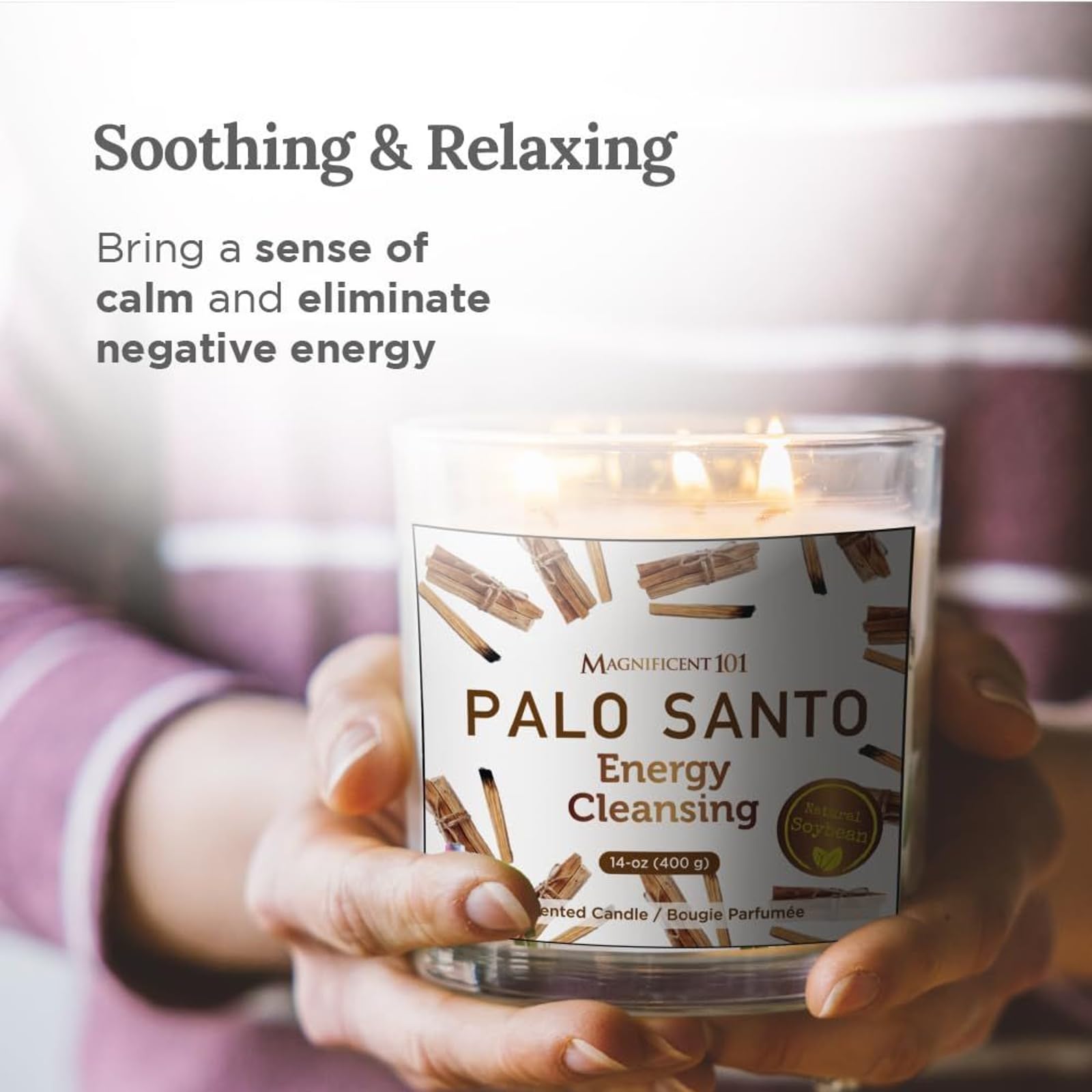 Magnificent 101 Long Lasting Palo Santo Scented Aromatherapy Candle | 14 Oz - 56 Hour Burn | All Natural Soy Wax Smudge Candle f