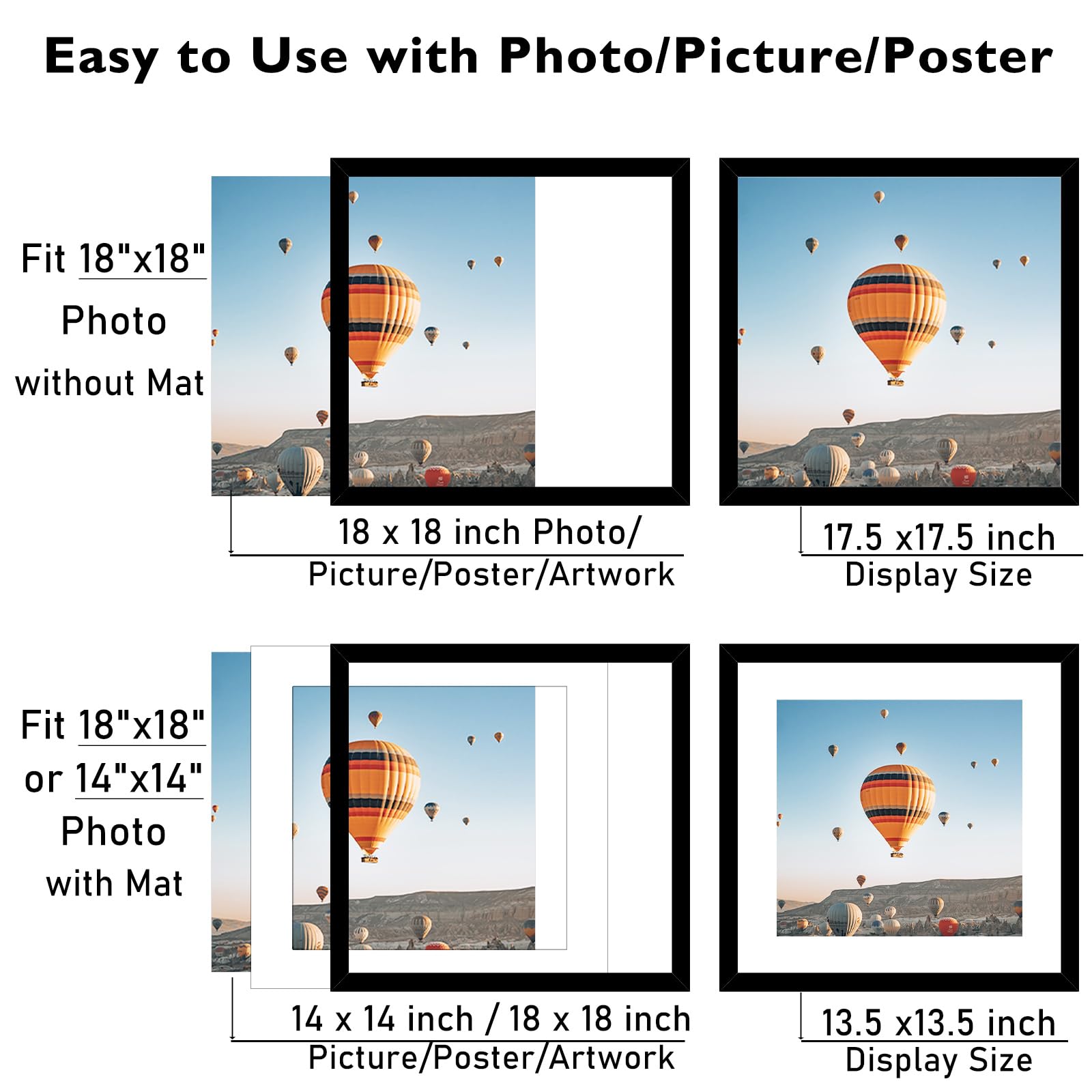 JCJMY 18x18 Picture Frame Black with 14x14 Mat, Display Photo 14x14 with Mat or 18 x 18 Without Mat, Wall Hanging Large 18x18 Po