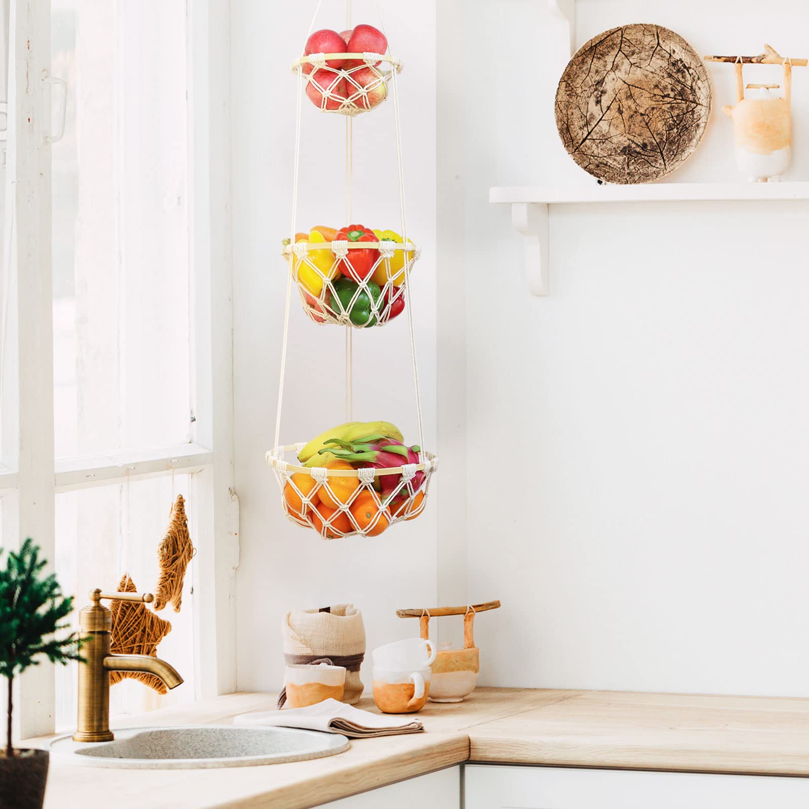 3 Tier Macrame Hanging Fruit Basket, Boho Vegetable Holder For Kitchen Food Storage With Hook, Bohemian Cotton Produce Multi Org