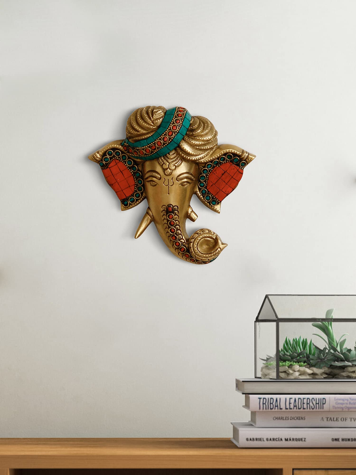 Ecraftindia Golden Colorful Stone Work Brass Phagdi Lord Ganesha Wall Hanging Decorative Items | Home Decor Items Ganpati Wall H