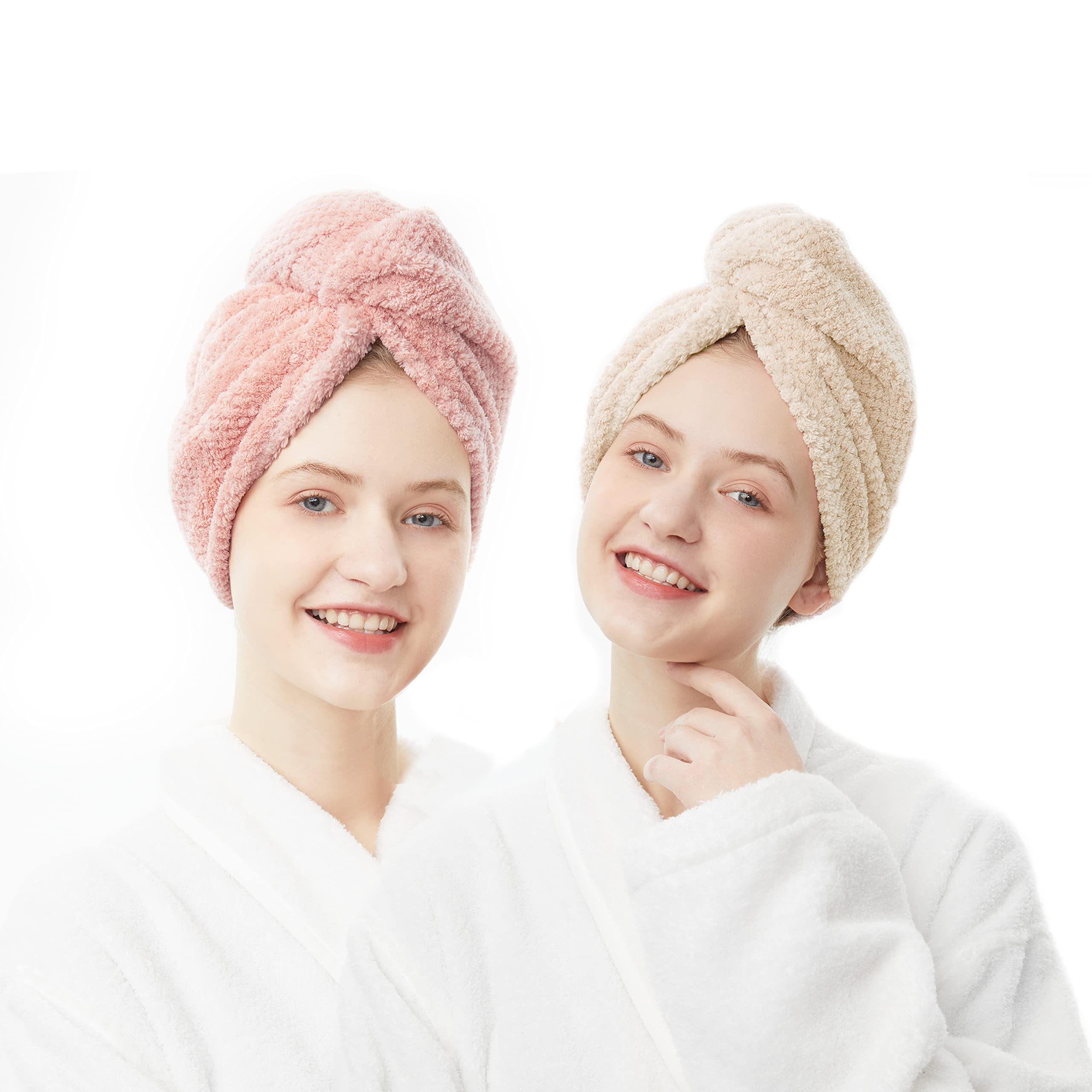 ELLEWIN Hair Towel Wrap 2 Pack, Microfiber Hair Drying Shower Turban with Buttons, Super Absorbent Quick Dry Hair Towels for Cur