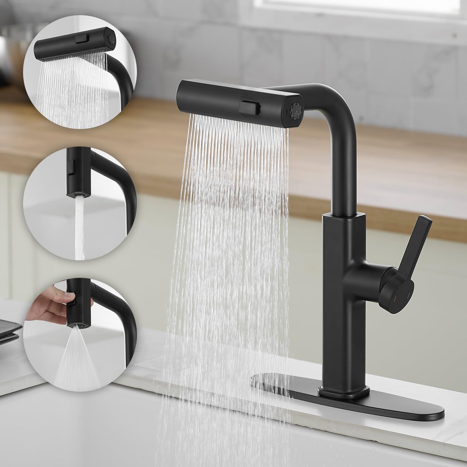 Rumose Kitchen Faucets With Pull Down Sprayer Matte Black Waterfall Rv Kitchen Sink Faucet With Sprayer 3-Mode Commercial High A