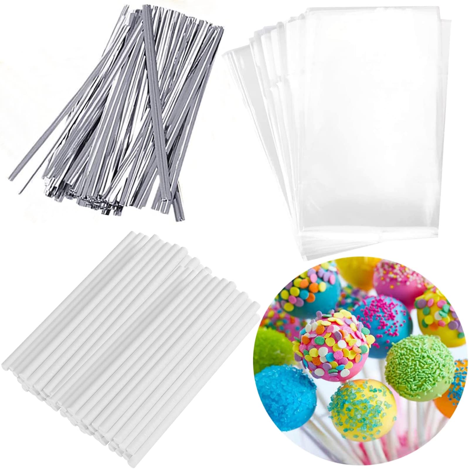 Silver Lollipop Cake Pop Treat Bag Set Including 100Pcs Parcel Bags, 100Pcs Papery Treat Sticks, 100Pcs Colorful Metallic Twist