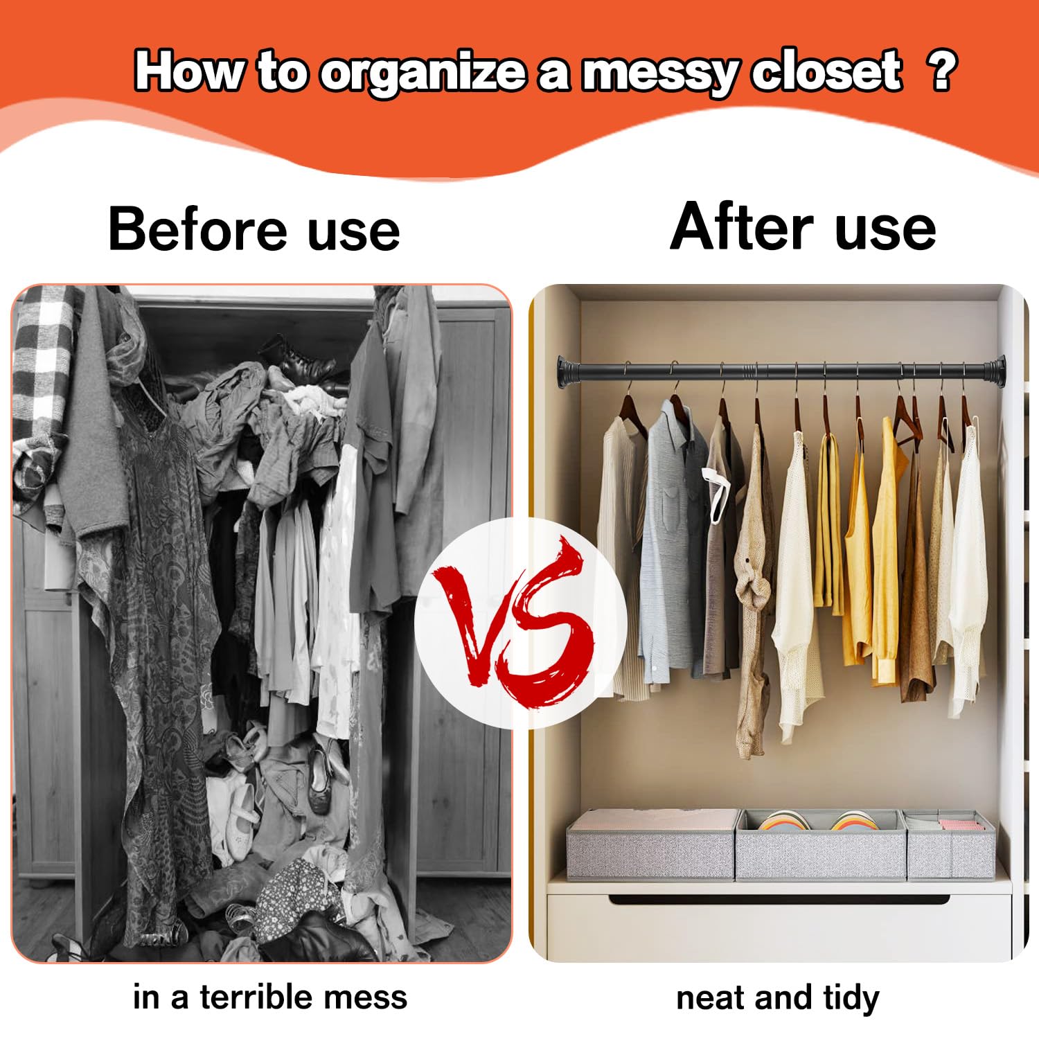 Dwelspire Closet Rod For Hanging Clothes, With No Drilling Holder 30 To 88 Inches Adjustable Matte Black Closet Rods, Space Savi