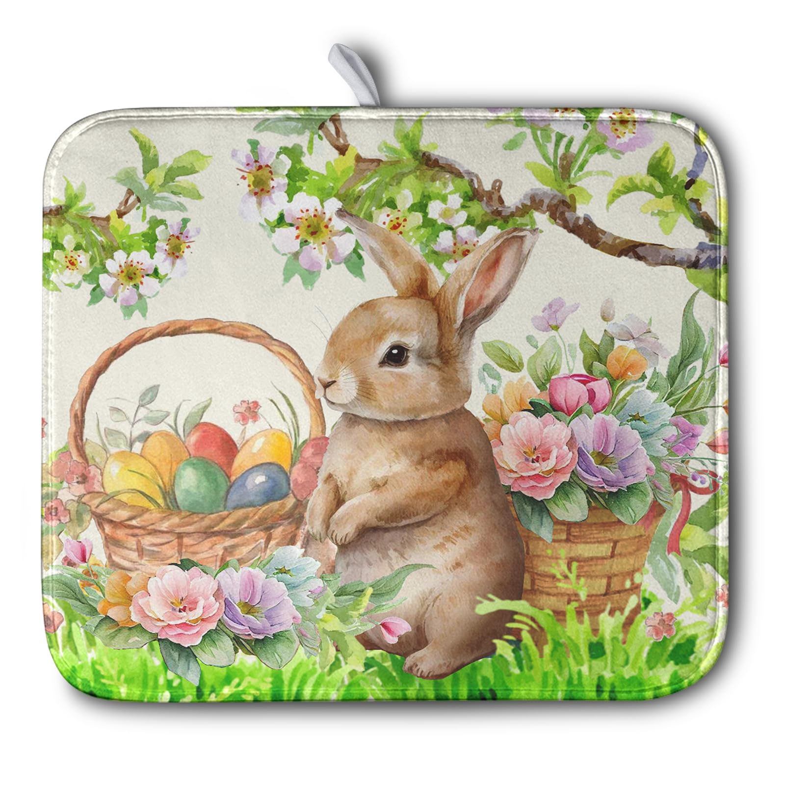 Easter Egg Bunny Dish Drying Mat for Kitchen Counter Floral Flower Basket Drying Mats Absorbent Dish Pad Spring Summer Holiday M