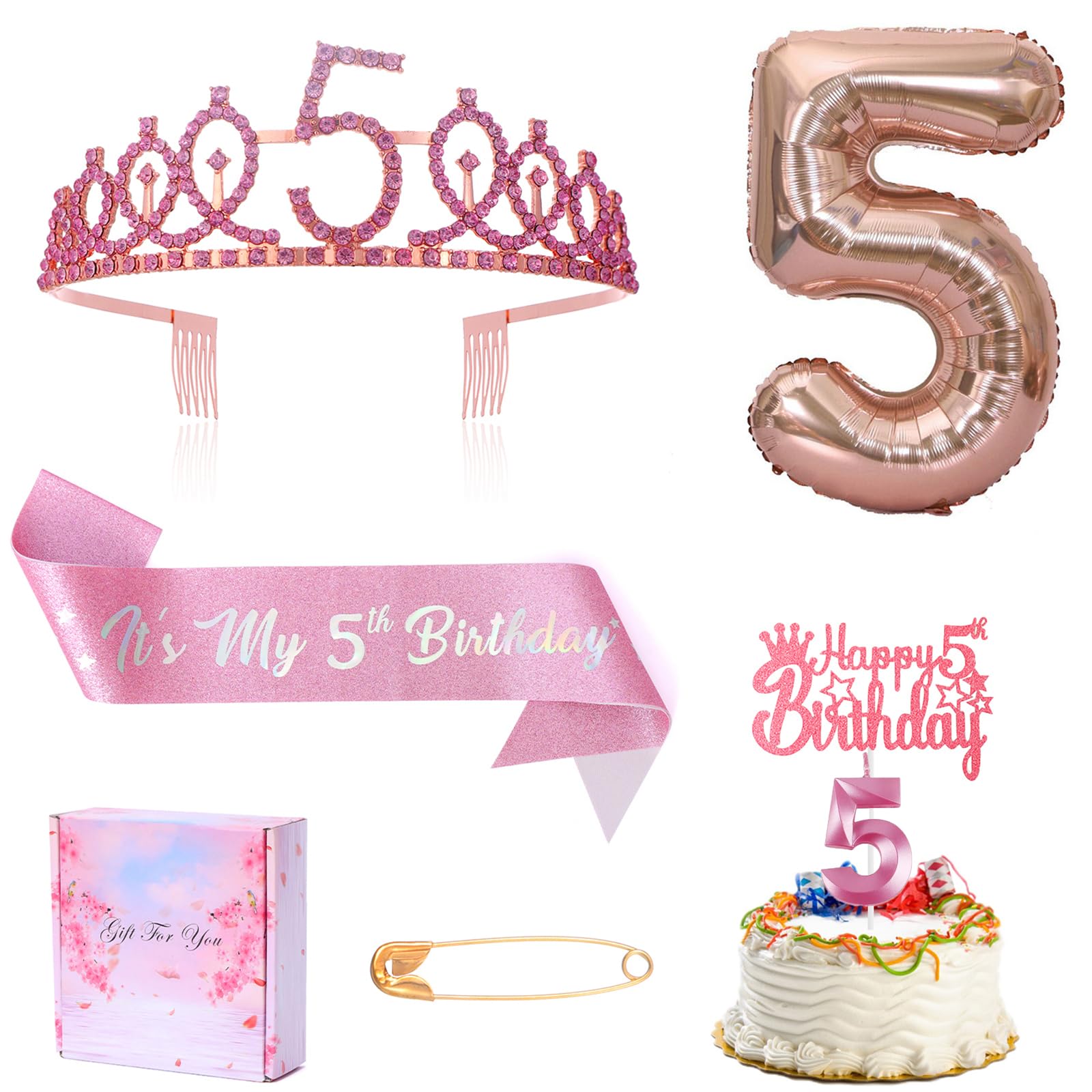 5Th Birthday Candle Sash And Tiara,It'S My 5Th Birthday Sash Rhinestone Crown Happy Birthday Cake Topper Balloon For Girls 5Th B