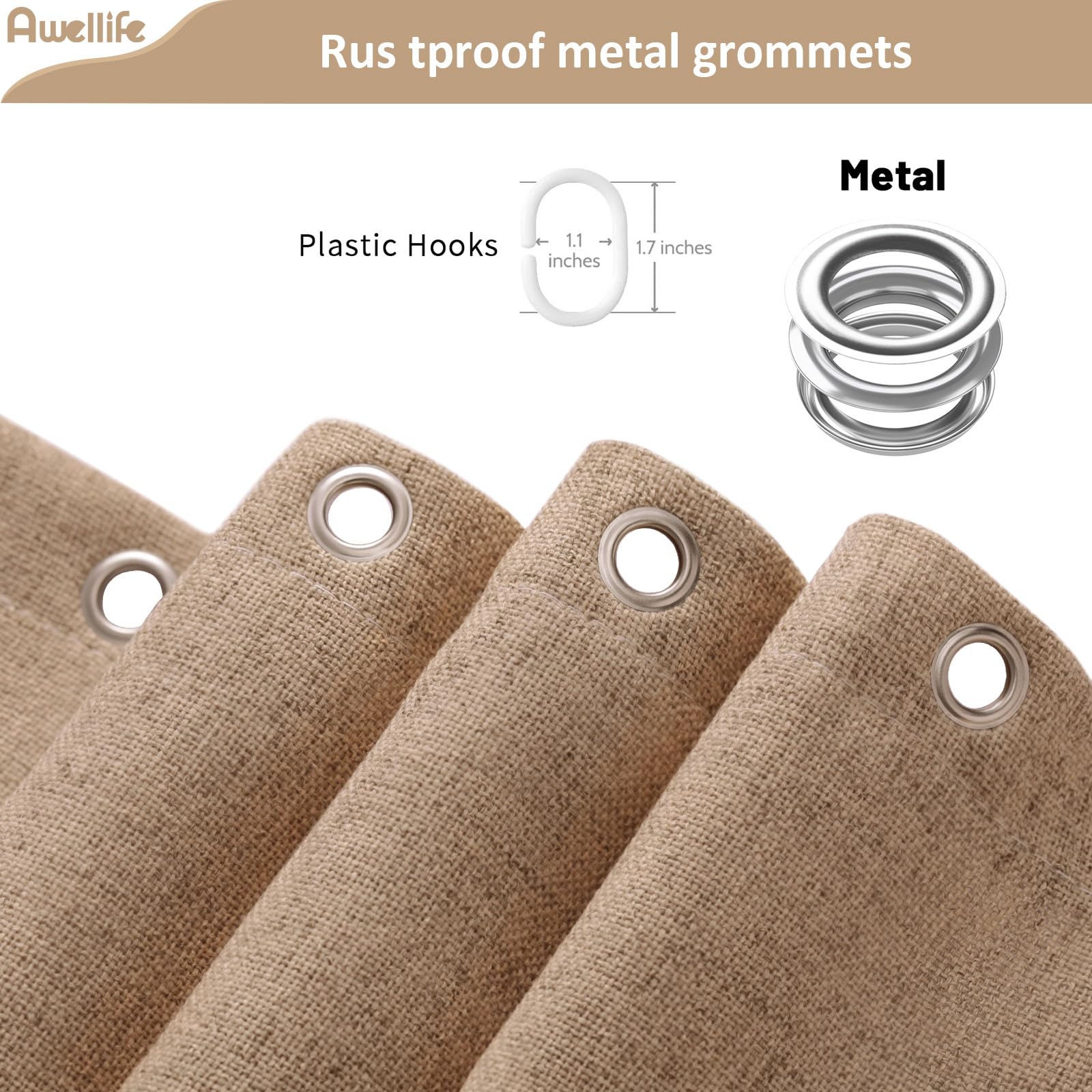 Awellife Extra Long Brown Linen Style Shower Curtain Set With 12 Durable Hooks - Tan Textured Fabric Heavy Cloth Shower Curtains