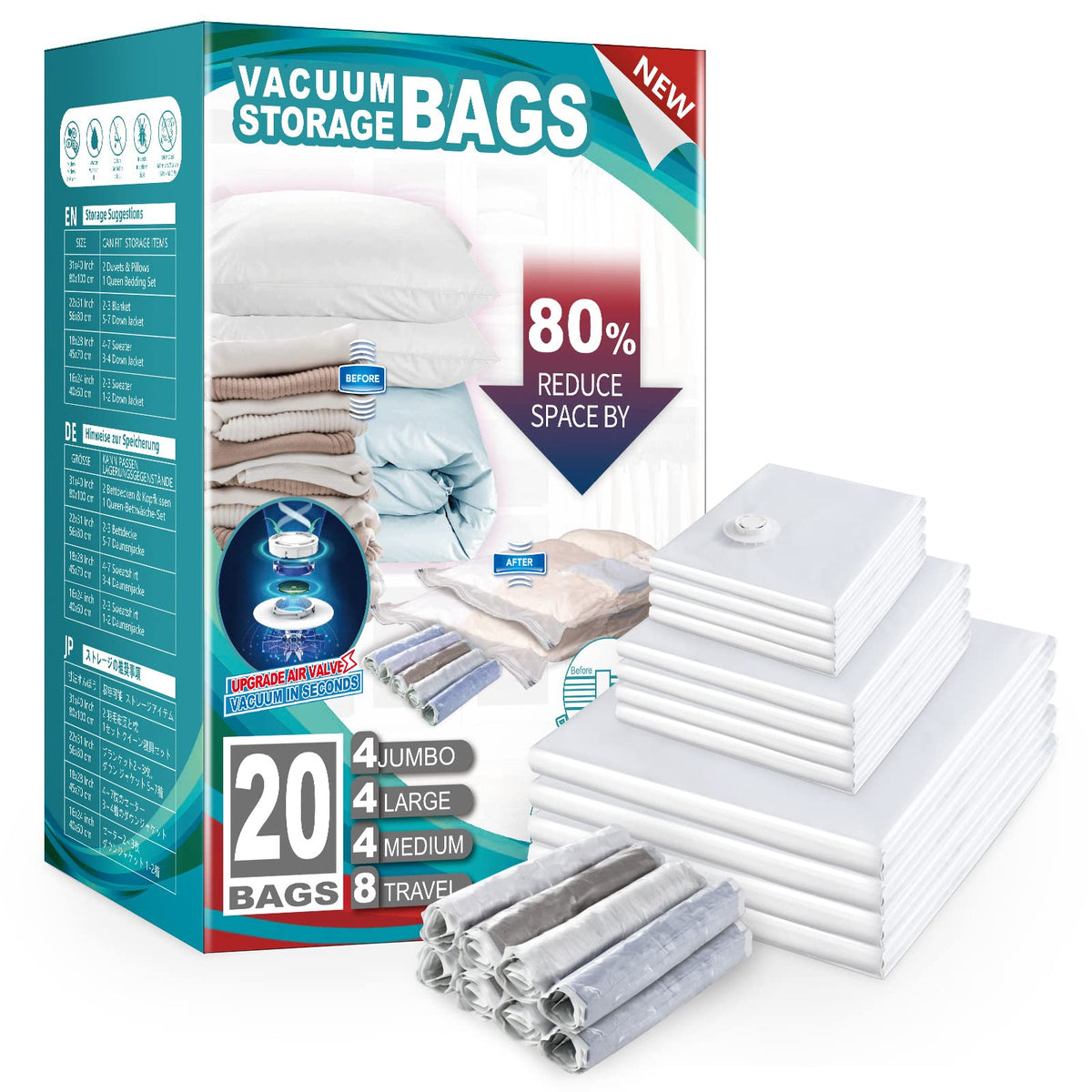 Taili 20 Pack Vacuum Storage Bags, Space Saver Bags (4 Jumbo, 4 Large, 4 Medium, 8 Rolling), Storage Bags Vacuum Sealed For Clot