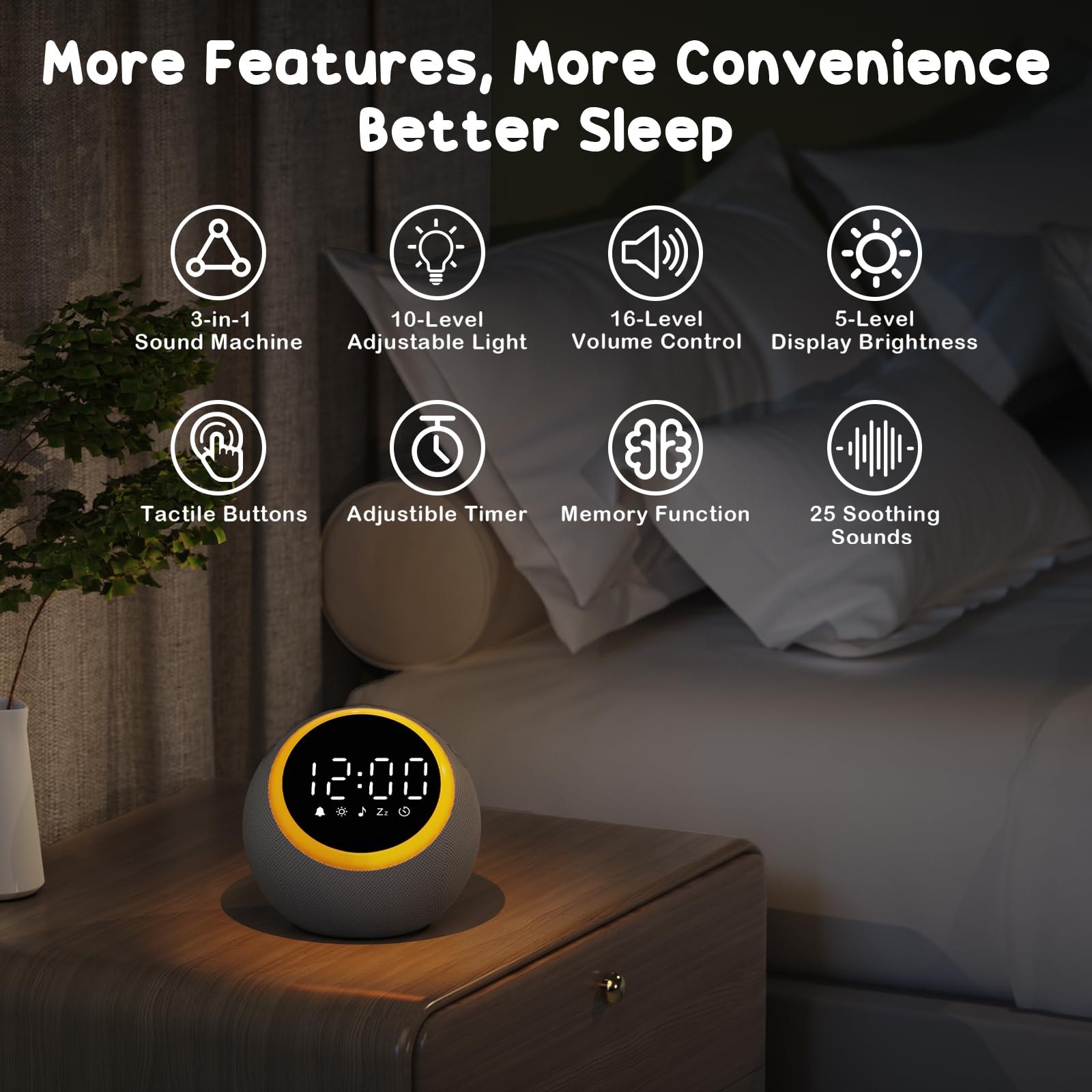Rohent White Noise Sound Machine - With Nightlight & Alarm Clock - 25 Soothing Sounds, Adjustable Volume, Timer, Sleep Aid For B