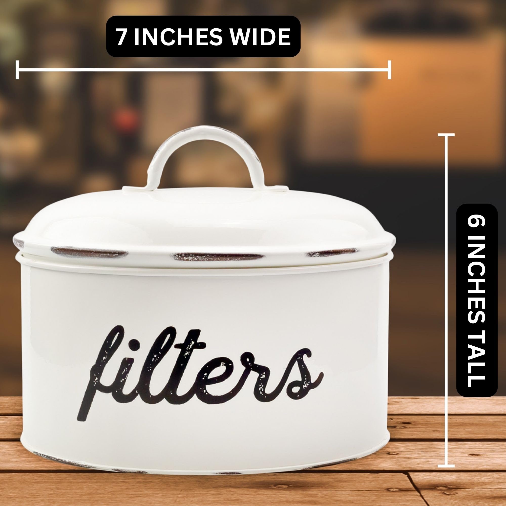 AuldHome Basket Coffee Filter Holder  White Enamel Filter Storage Container in Rustic Farmhouse Distressed Enamelware Design