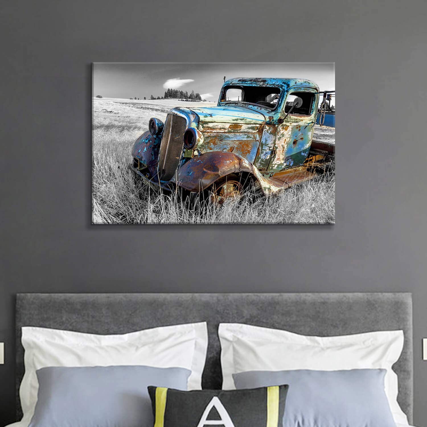 Artistic Path Rusty Truck Canvas Wall Art: Vintage Blue Car Pictures Country Artwork Prints For Living Room (36'' W X 24'' H,Mul