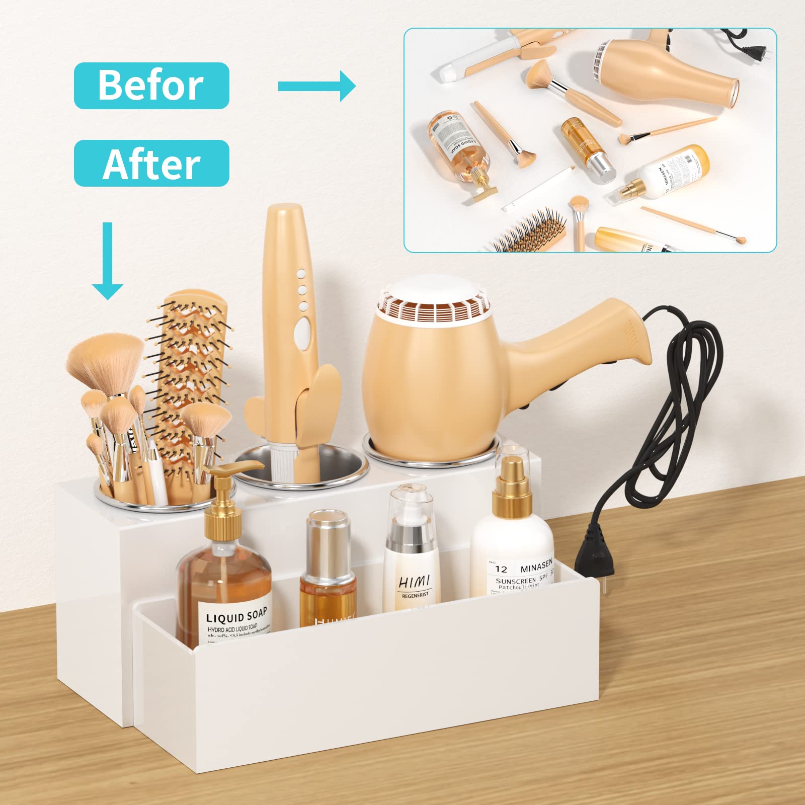 HIIMIEI Acrylic Hair Tool Organizer - White Blow Dryer Holder & Vanity Storage for Makeup, Flat Irons, Curling Irons - Model HM-2023-0001
