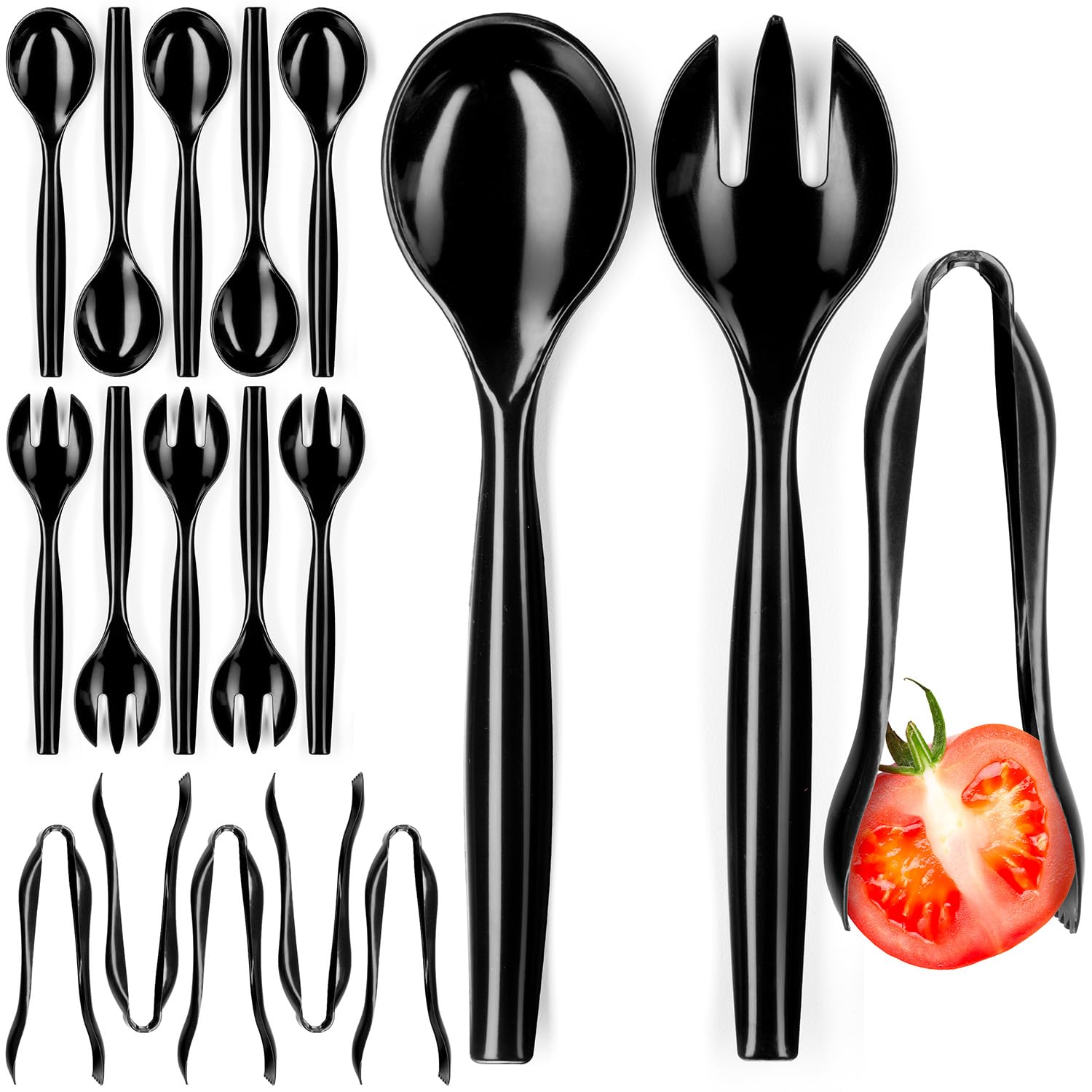 Disposable Plastic Serving Utensils - Set Of 18 Black Plastic Utensils, 6 Each 6'' Serving Tongs, 10    Serving Spoons, 10    Se