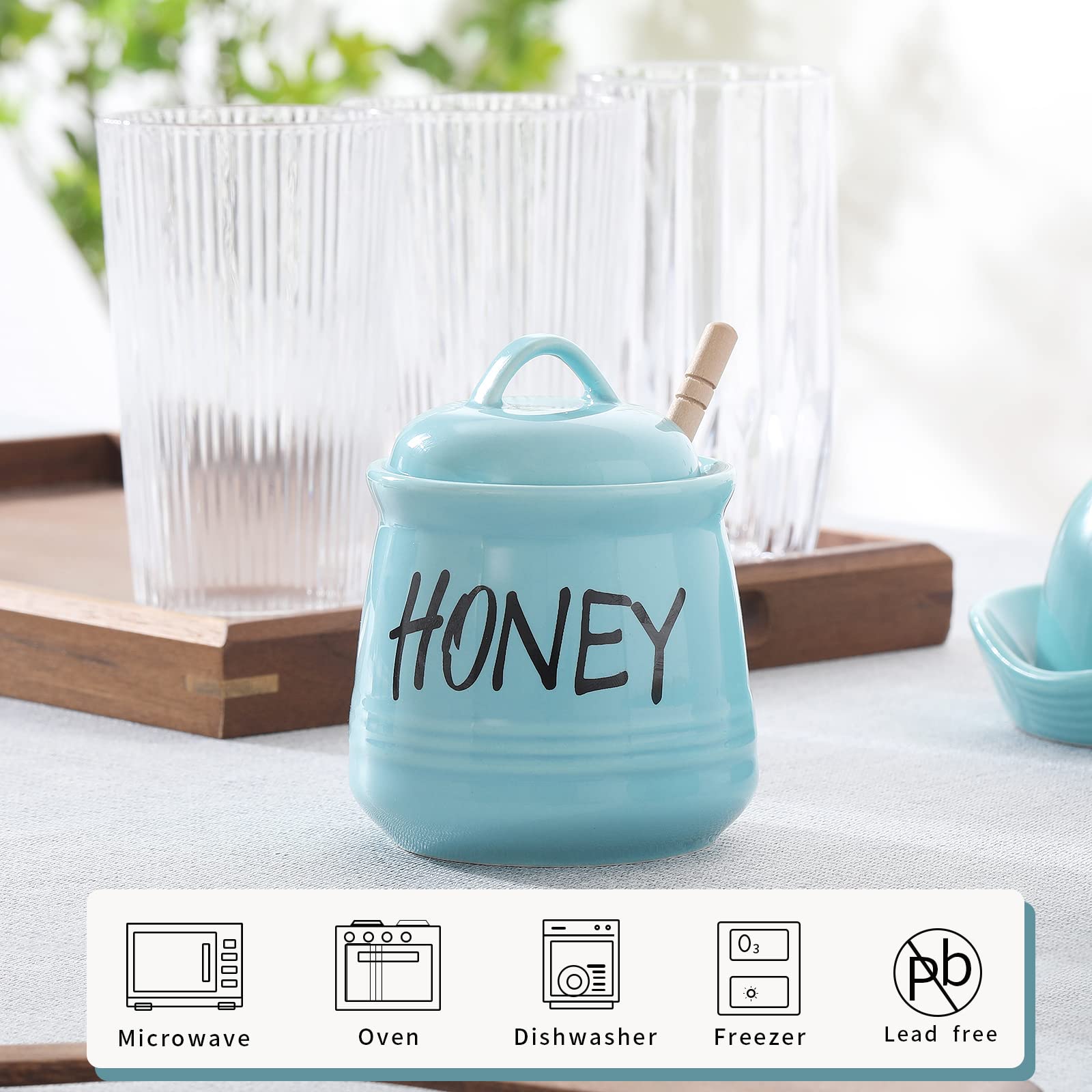 Haotop Porcelain Honey Jar With Lid And Honey Dipper 12Oz (Turquoise)