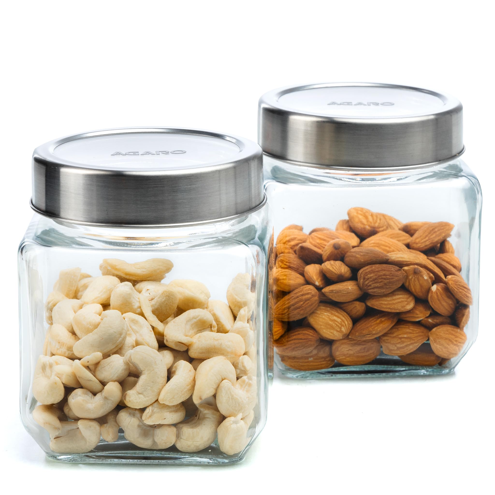 Agaro Elegant Cube Jar 580 Ml, Square Shaped, Transparent Lid With Steel Finish, Storage Glass Container, Transparent, Kitchen O