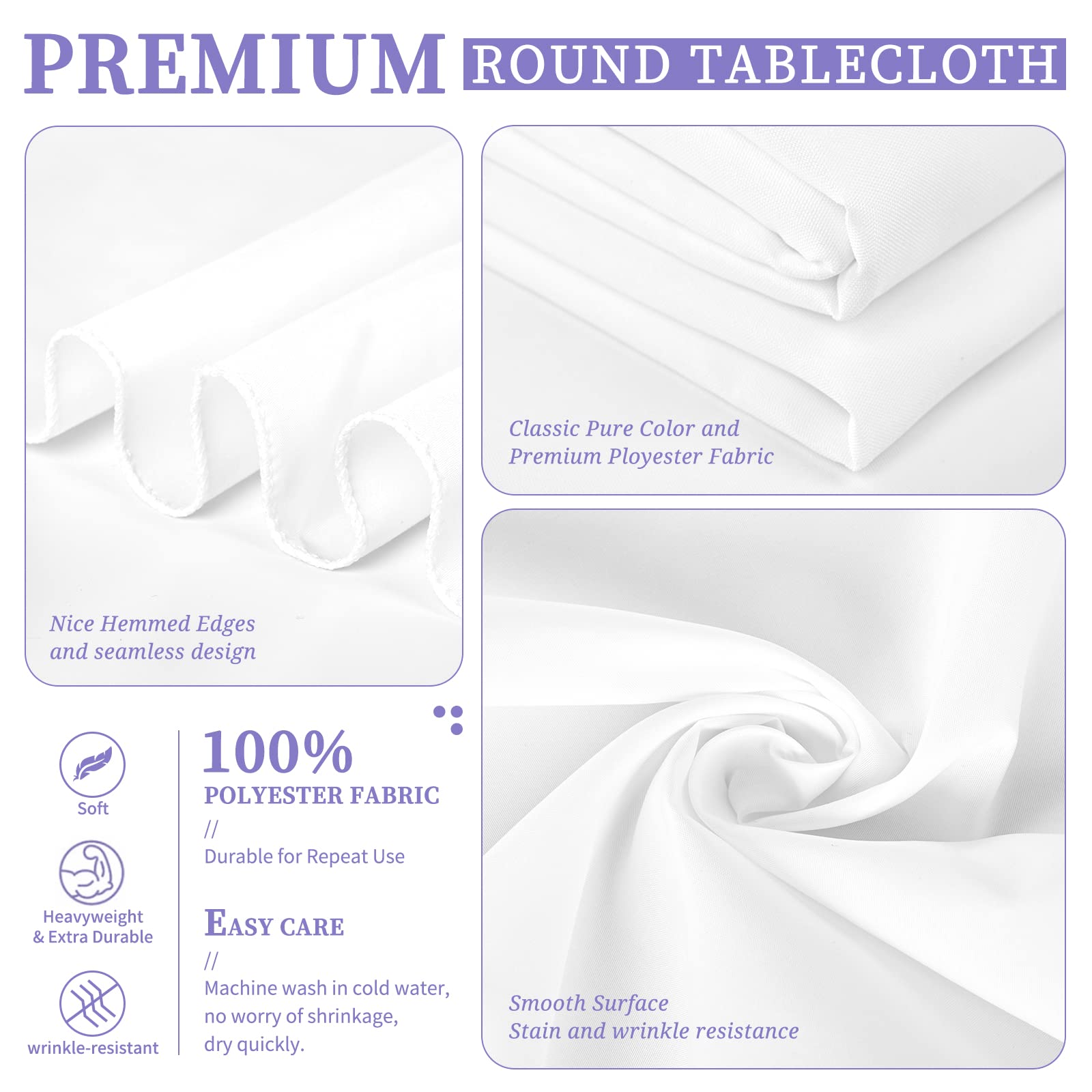 Showgeous 8 Pack Round Tablecloth 70 Inch Round White Table Cloths Polyester Tablecloths For Round Tables Washable Decorative Fa