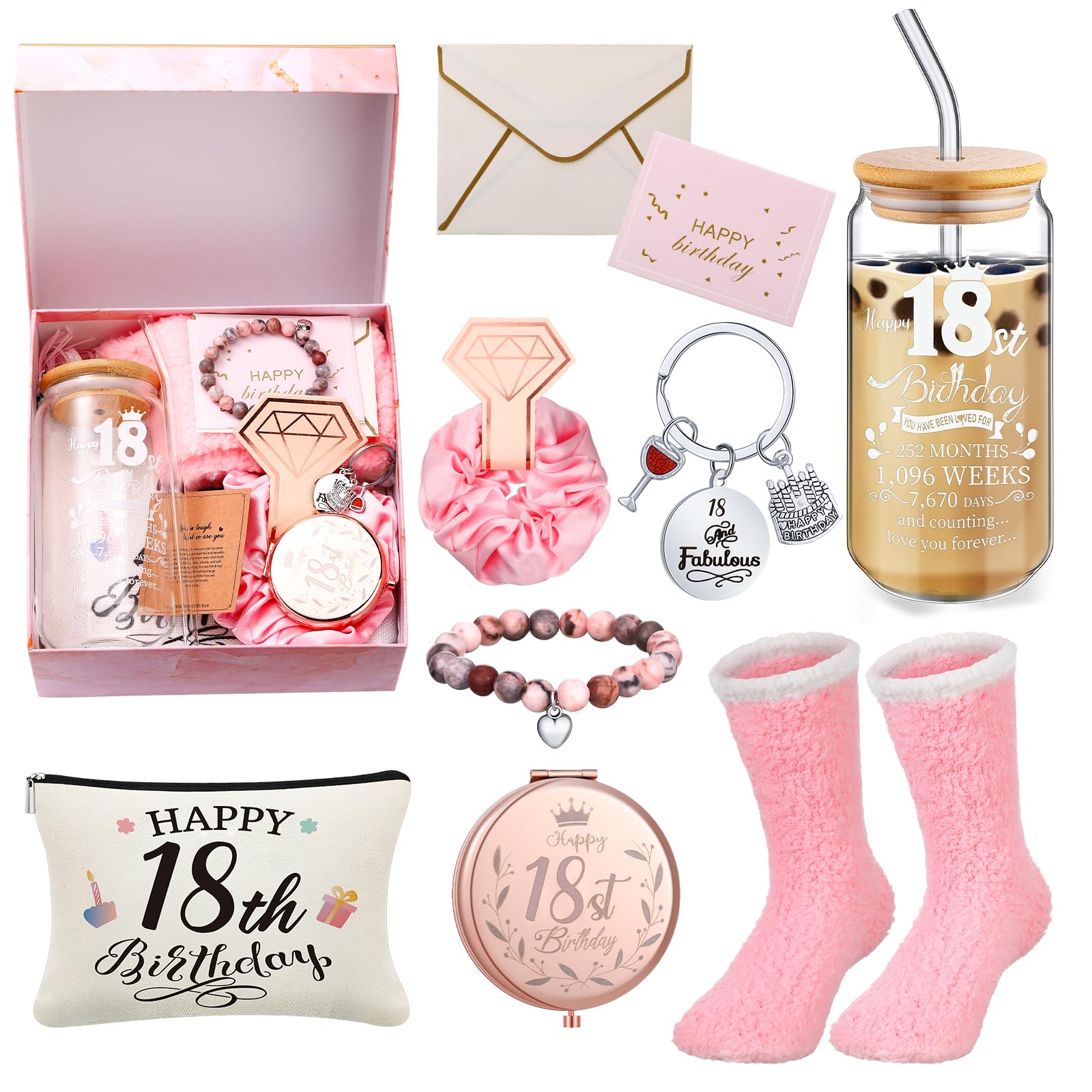 Yungyan 9 Pcs 18Th Birthday Gifts For Her Bday Gift Basket Include Makeup Bag 18 Oz Glass Cup With Lid Glass Straw Socks Keychai