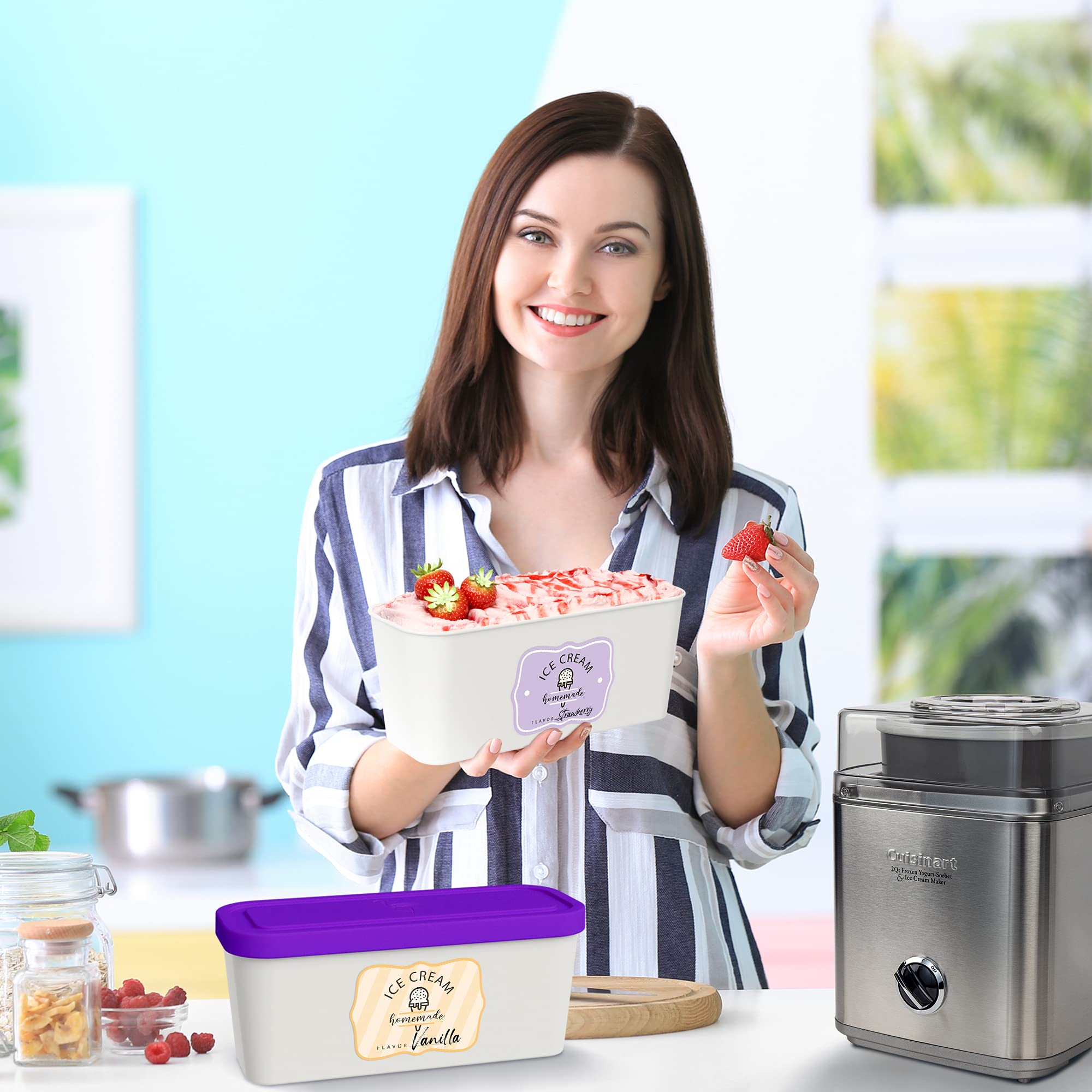 Set Of 2 Reusable Ice Cream Tub Containers 1.6 Quart Ea. - Perfect For Homemade Sorbet, Frozen Yogurt Or Gelato - Stackable Stor