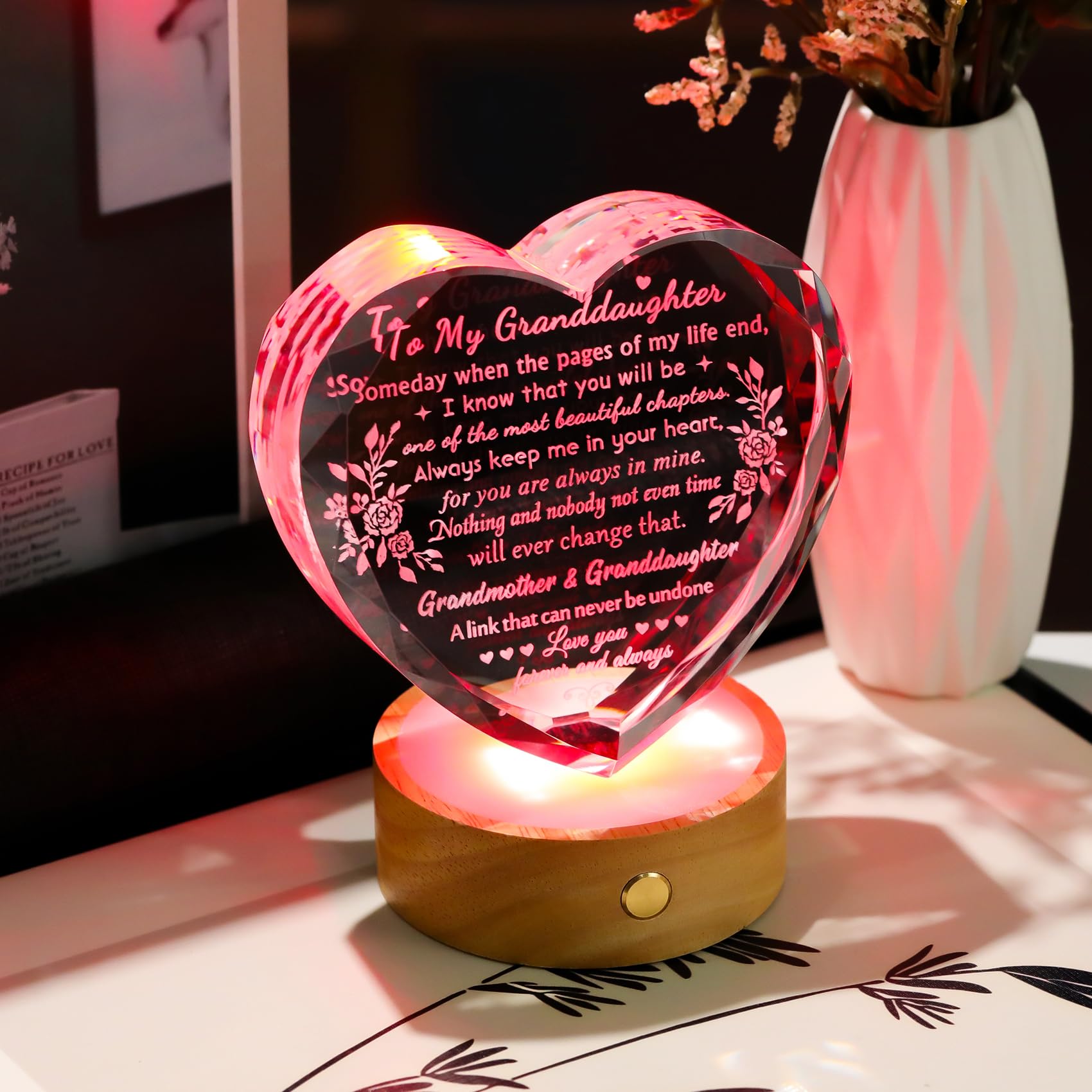 YWHL Granddaughter Gifts from Grandma, Birthday Gifts for Granddaughter, Crystal Heart Keepsake with Colorful Base, Graduation W