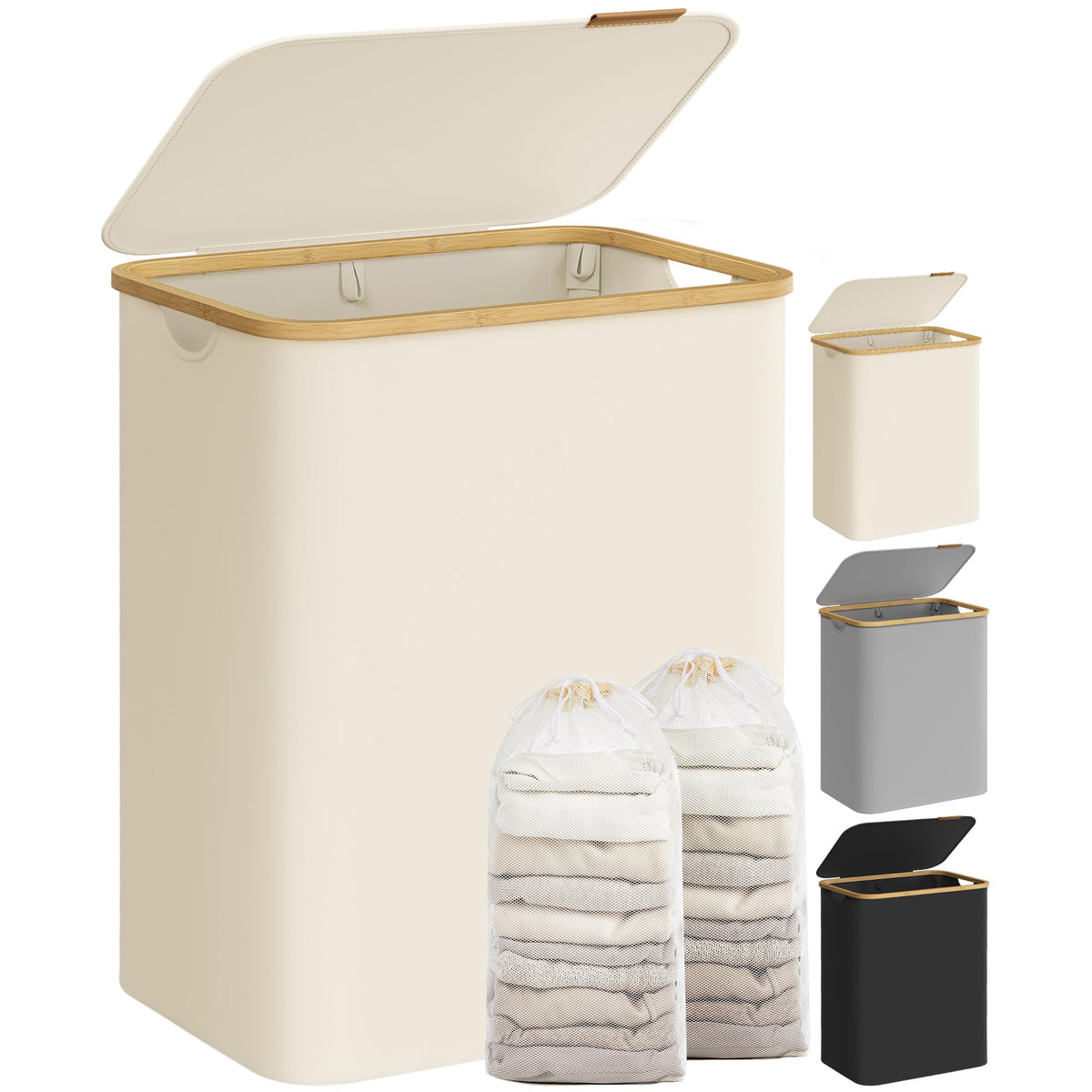 Songmics Laundry Hamper With Lid, 2-Section Large Laundry Basket, 34.3-Gallon (130L), Removable Mesh Liner, Bamboo Handles, Coll