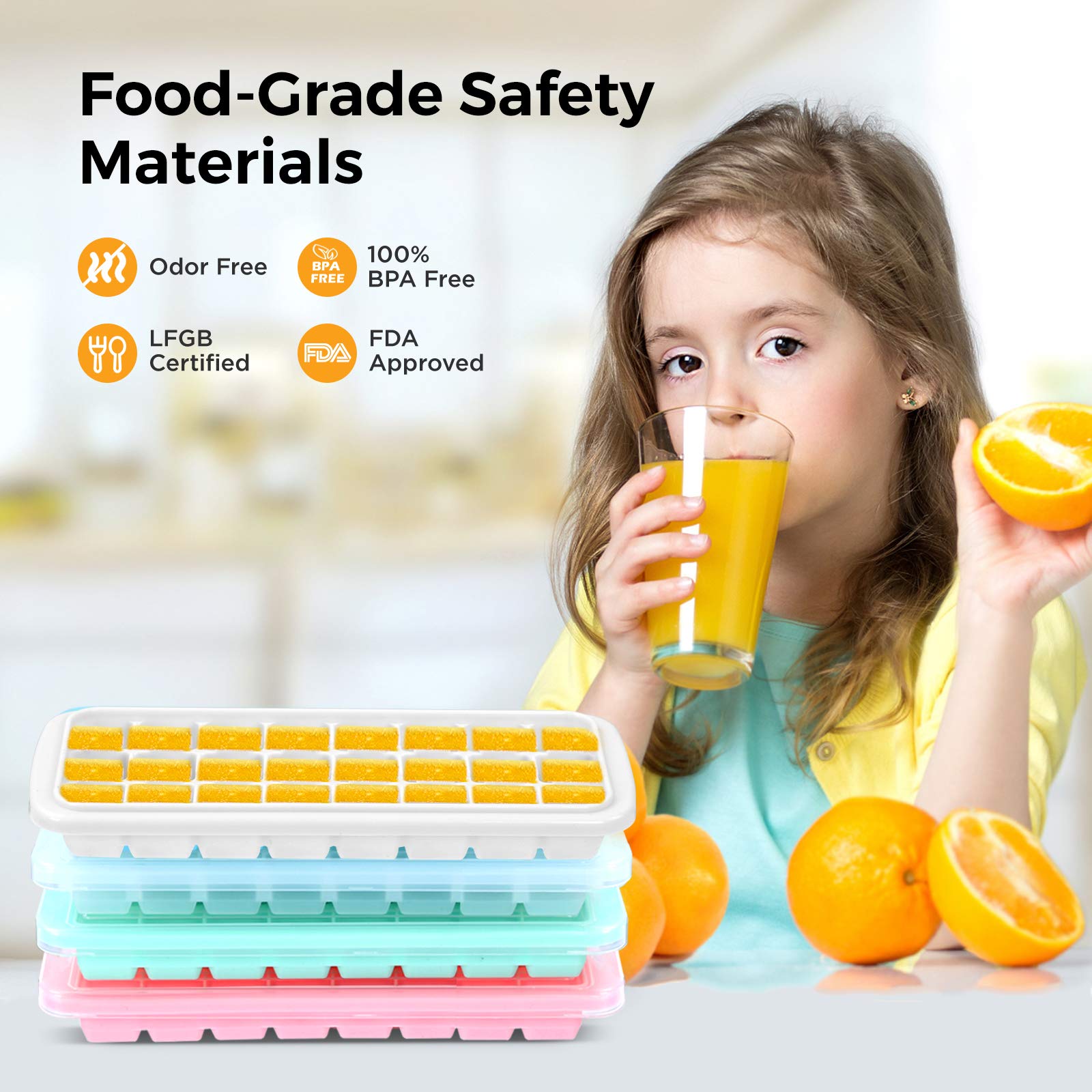 Humbee Ice Cube Tray, Soft Silicone Ice Tray With Pp Lid, Flexible Ice Cube Trays For Freezer (24 Cubes, Blue)