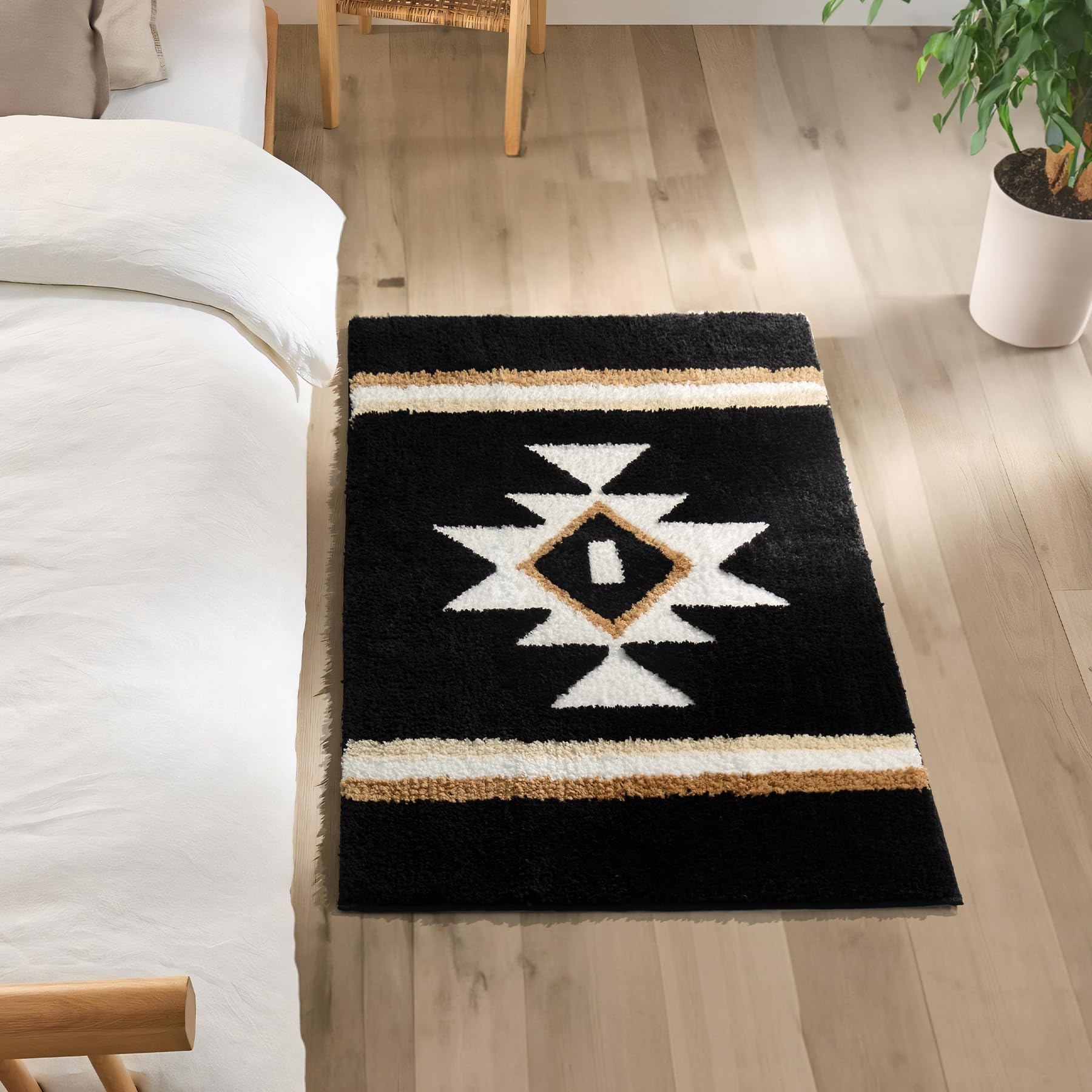 Tanvill Boho Bathroom Rugs Black Bath Mat Non Slip Soft Absorbent Western Geometric Bath Rug Luxury Plush Floor Mat For Farmhous