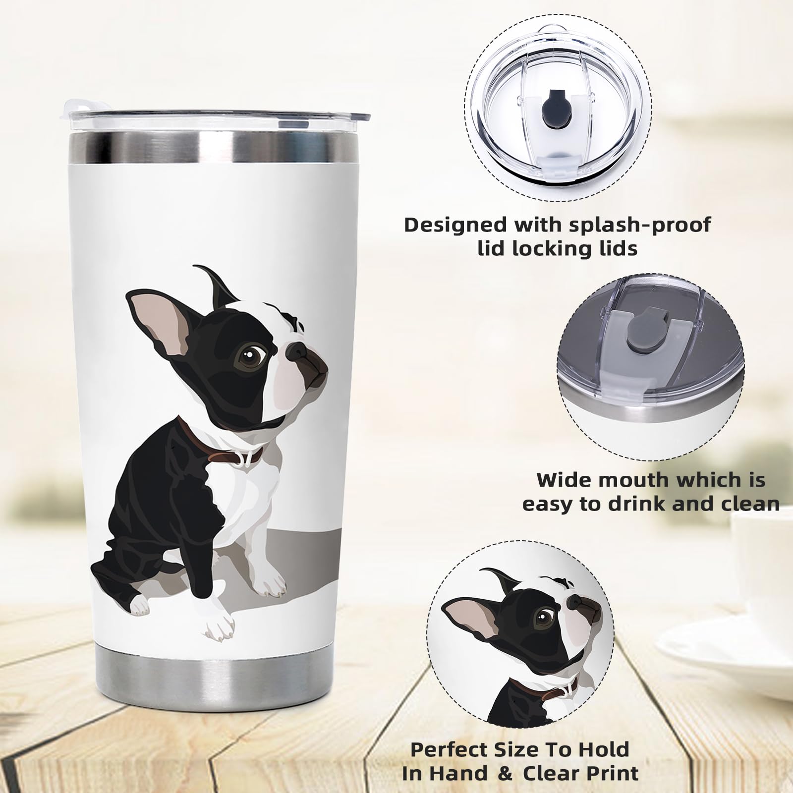 Boston Terrier Stainless Steel Tumbler with Lid 20oz Funny Bulldog Vacuum Insulated Tumbler Ideal Gifts to Dog Mom  Dad  Kids  Water Coffee Cup Travel Mug Home Office Outdoor Mug