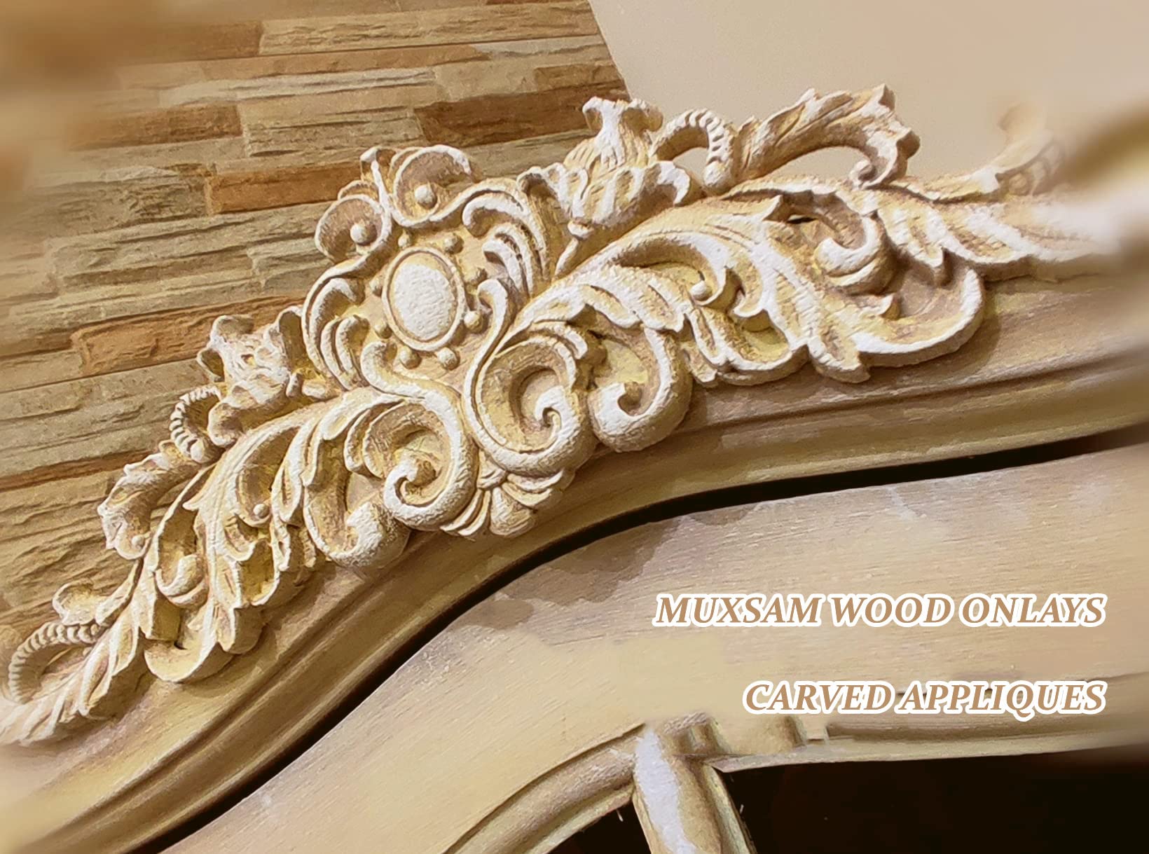 MUXSAM Long Wood Carved Appliques Onlays  4-Pack Unpainted Decorative Corner Carving Decals Set for Wall Door Cabinet Mirror Closet Wardrobe Dresser Mantel Staircase DIY Project  40x11cm/15.75''x4.33''