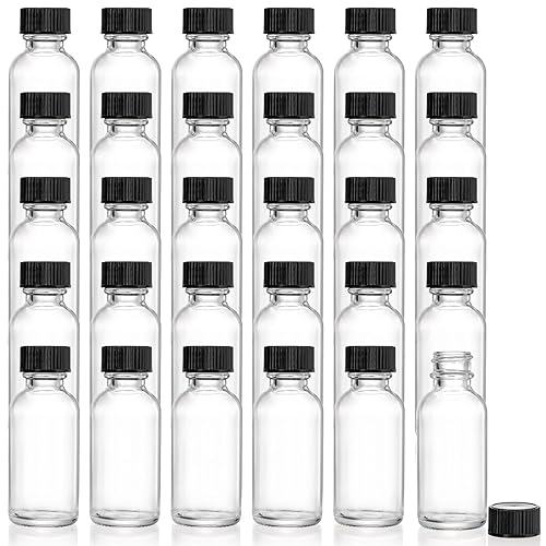 Bekith 30 Pack Boston Round Glass Bottle with Black Cap  1 oz Capacity  Clear