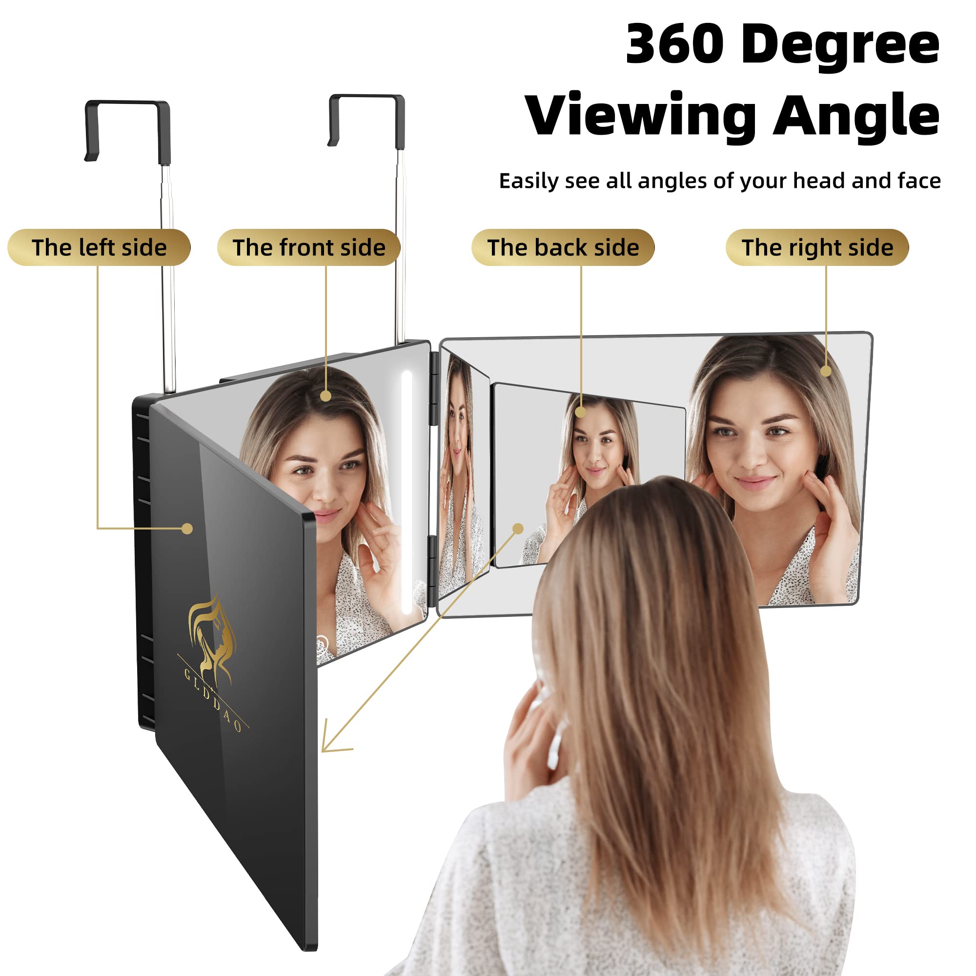 Glddao 3 Way Mirror For Self Hair Cutting With Lights,Rechargeable 360 Trifold Barber Mirrors Led Makeup Mirror See Back Of Head