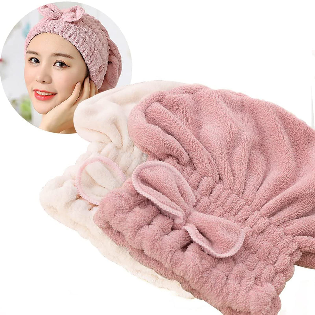 Jseng 2PC Microfiber Hair Drying Caps, Extrame Soft & Ultra Absorbent, Fast Drying Hair Turban Wrap Towels Thick Fluffy Shower C