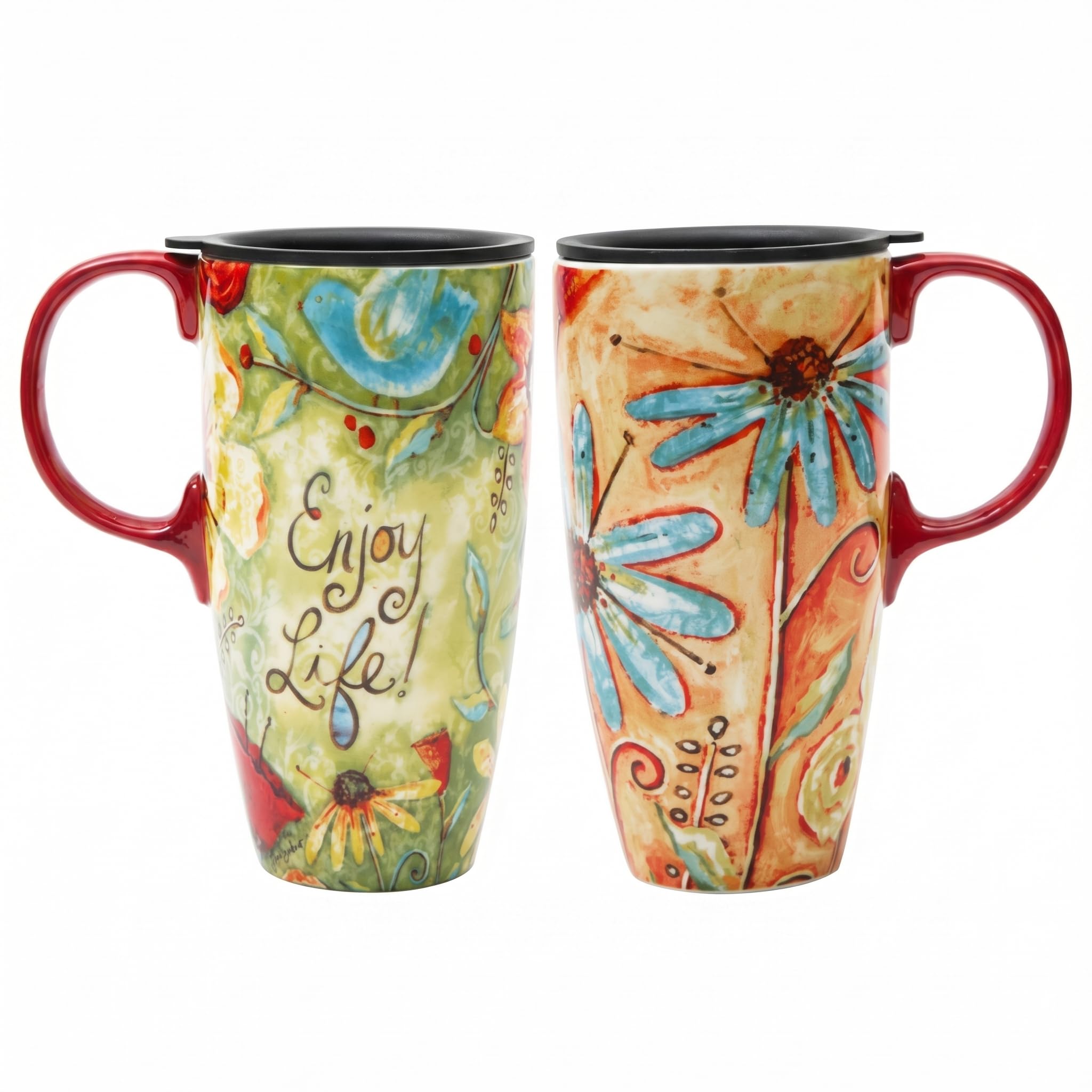 TZSSP 17oz Ceramic Travel Mug Set of 2, Folk Art Bird & Daisy Coffee Cups