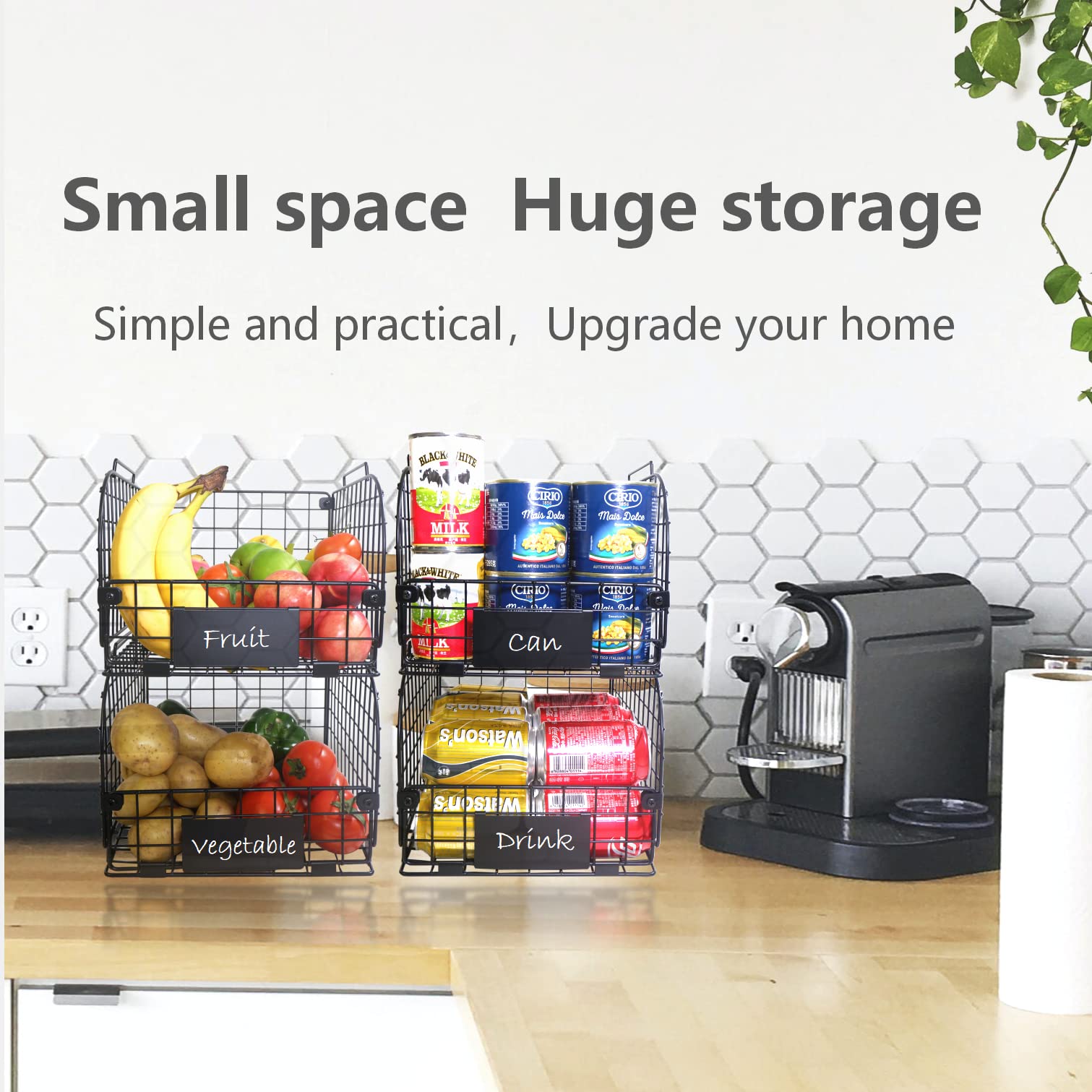 4 Pack Wire Stackable Baskets For Organizing,Fruit Basket For Kitchen,Pantry Organizers And Storage,12''X10.4''X7.8'' Metal Bask