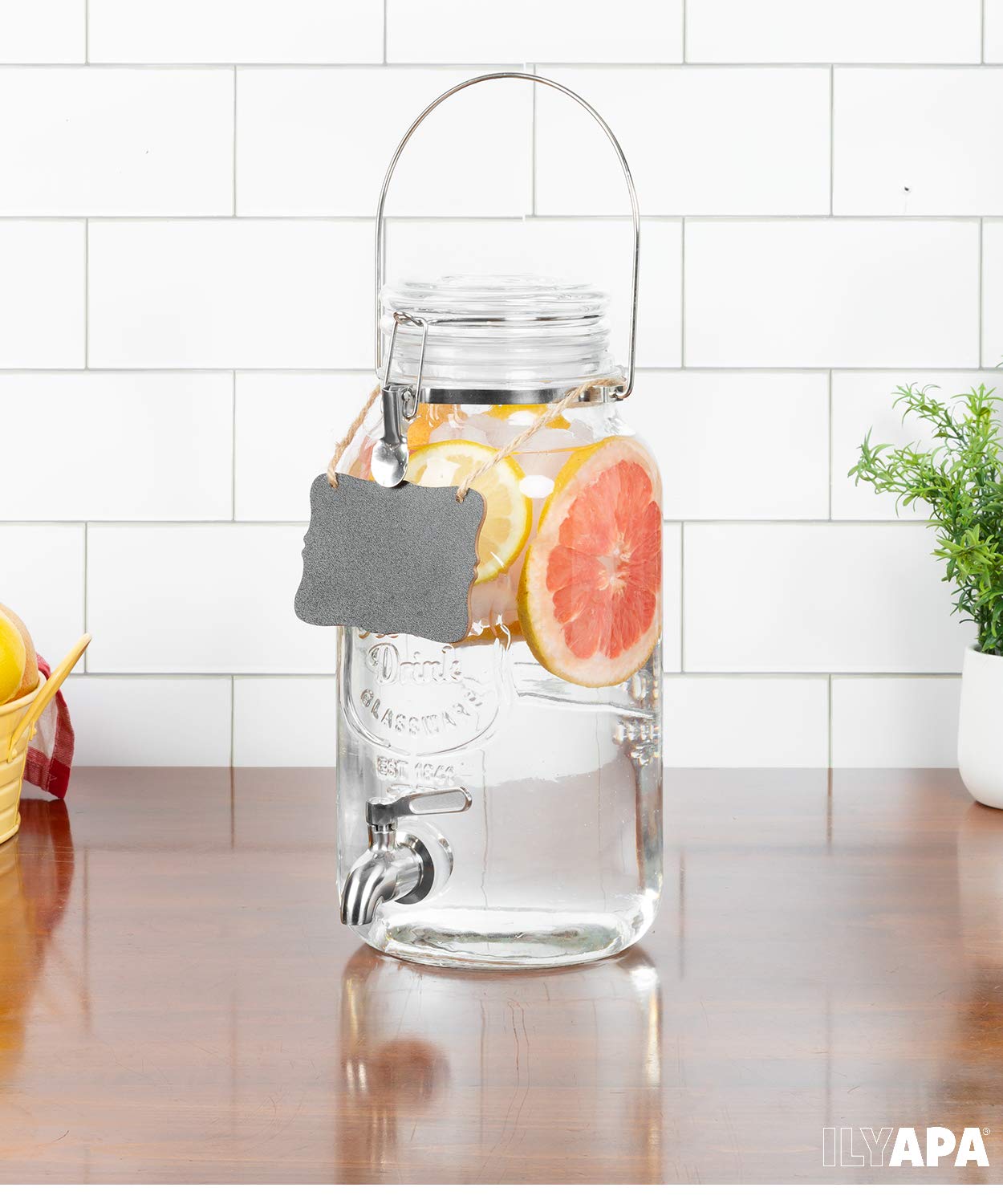Outdoor Glass Beverage Dispenser with Stainless Steel Spigot  Handle & Hanging Chalkboard - 1 Gallon Drink Dispenser for Lemonade  Tea  Cold Water | Ilyapa is an American Family-Owned Business