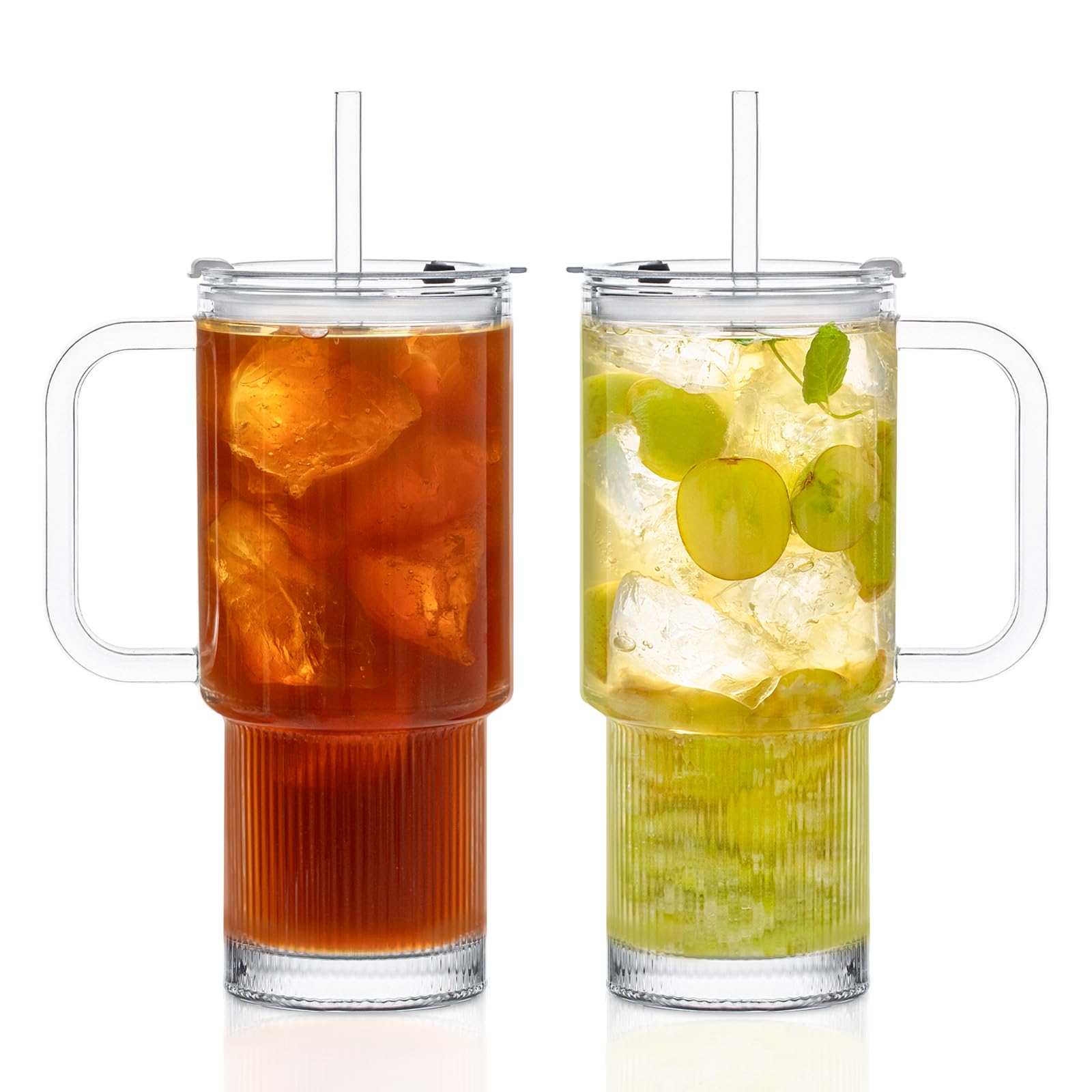 KEMORELA 2-Pack 26oz Ribbed Glass Tumblers with Handle and Lid - Large Aesthetic Iced Coffee Cups with Straws, Modern Textured G