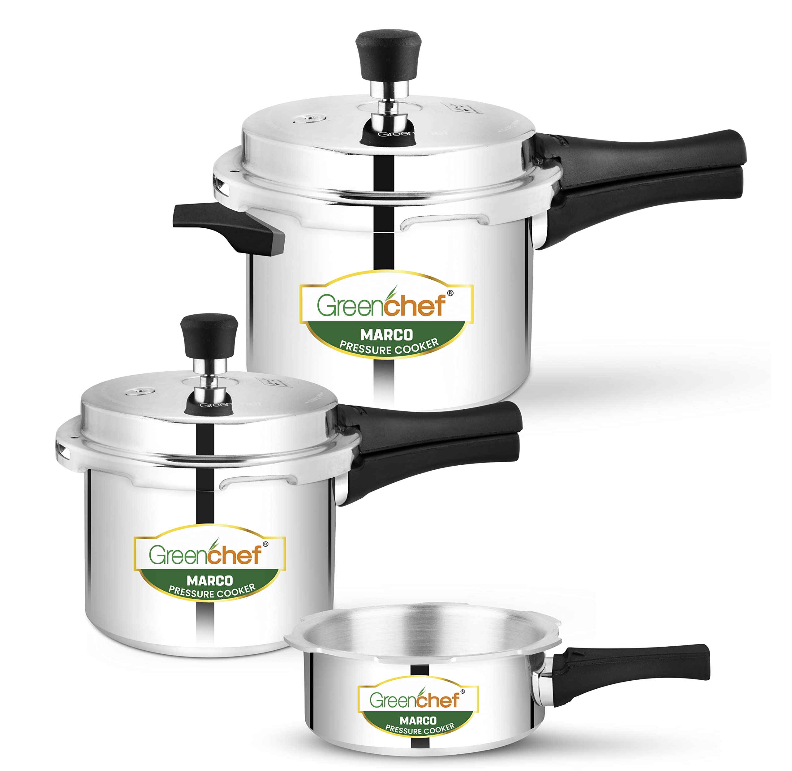 Greenchef Marco Aluminium Pressure Cooker Combo(5Ltrs + 3Ltrs + 2Ltrs Pan) Induction Compatible  Isi Certified