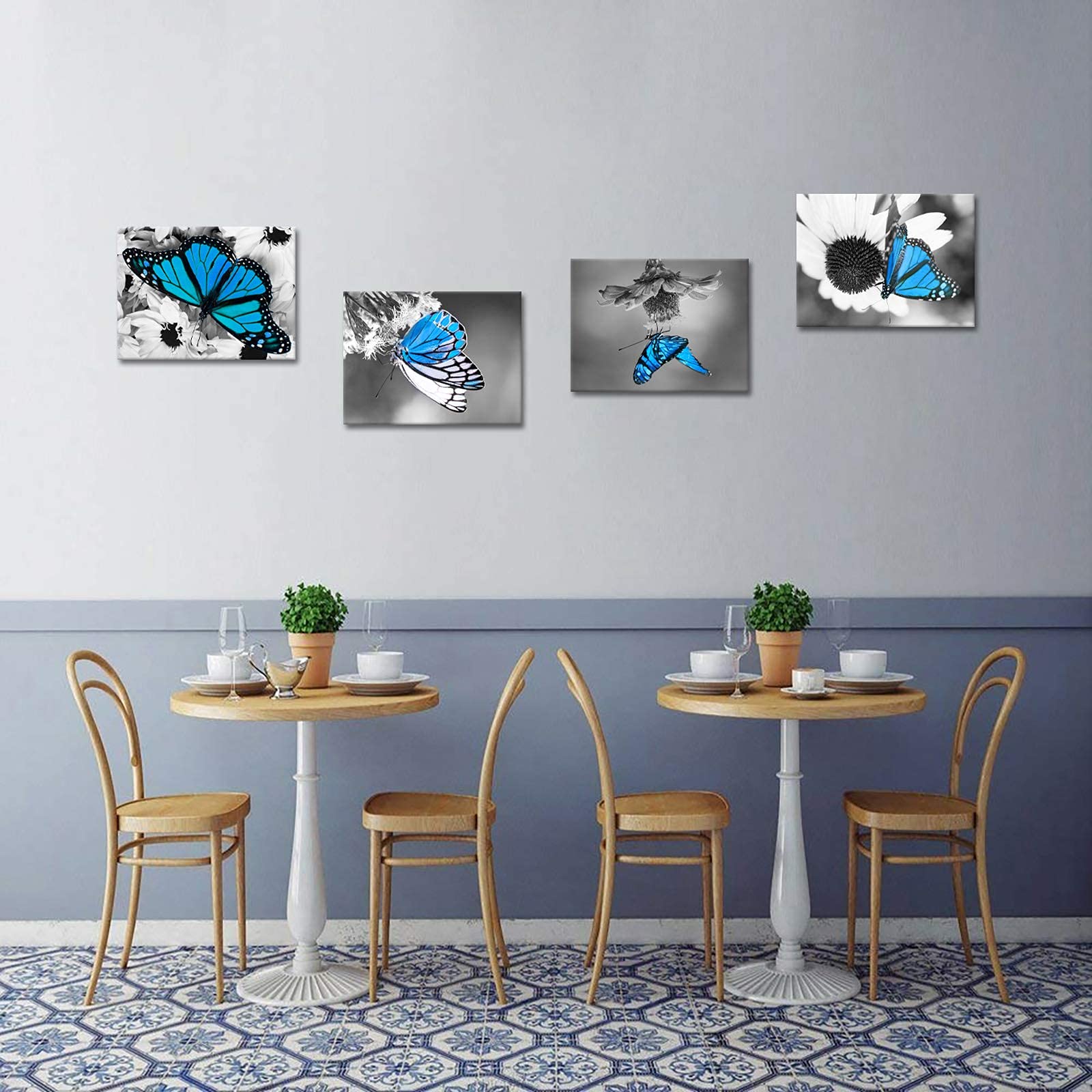 Biuteawal Flower Wall Art Blue Butterfly On Daisy Floral Picture Canvas Painting Black White Nature Landscape Artwork Home Kitch
