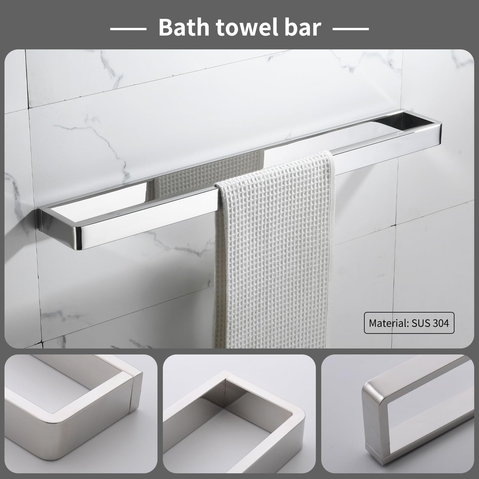 Yacvcl 4-Piece Bathroom Hardware Accessories Set Polished Chrome Towel Bar Set Square Towel Holder Kit Stainless Steel Wall Moun