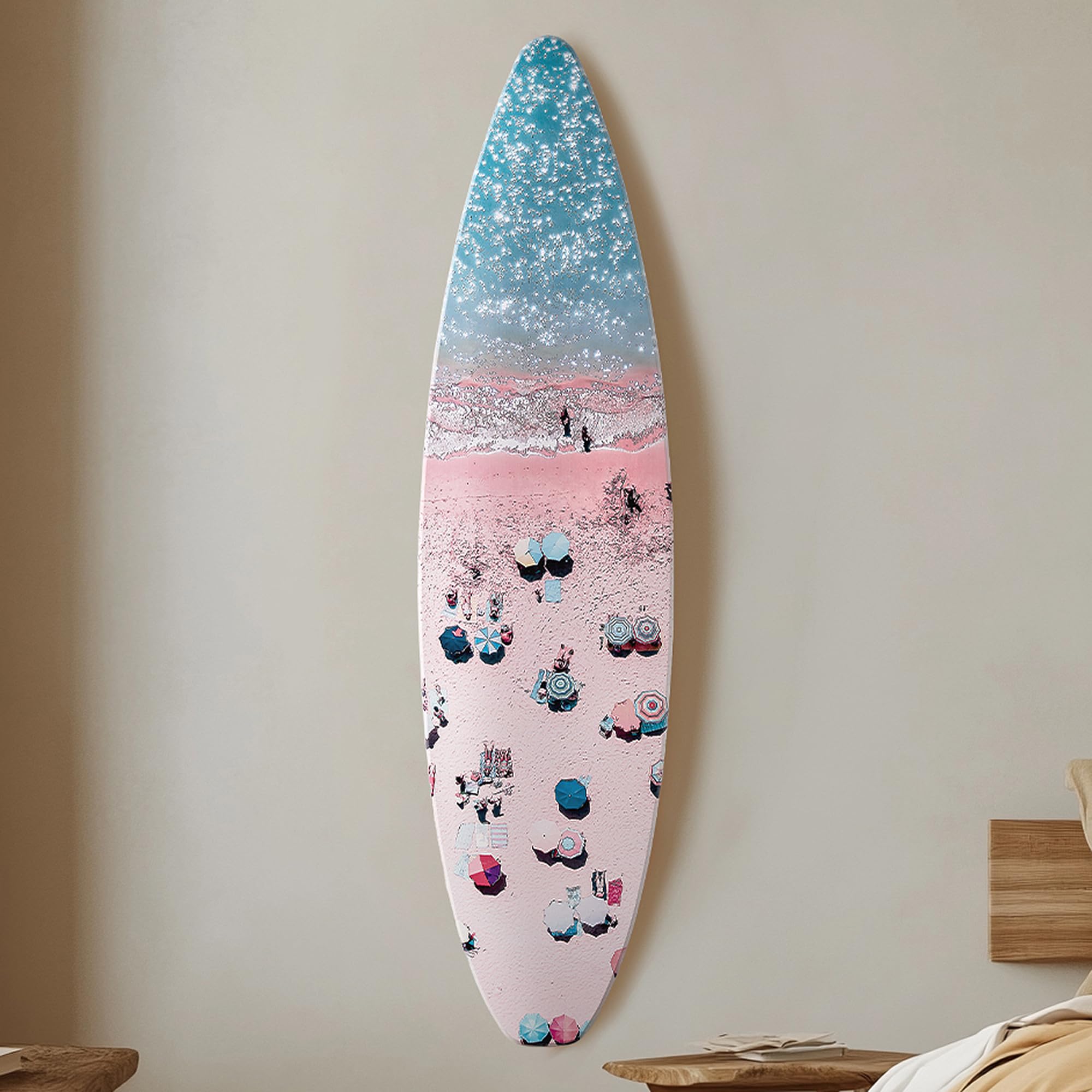 American Art Decor Surfboard - Crowd on the Beach Wall Art - Beach shore Room Decor, Bathroom Wall Decor, Coastal Home & Office 