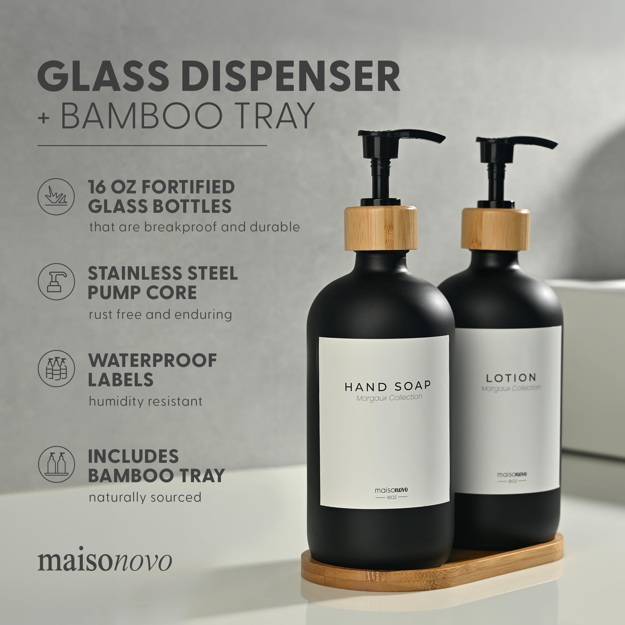 Maisonovo Bathroom Hand Soap Dispenser | Bamboo Glass Black Set X 2