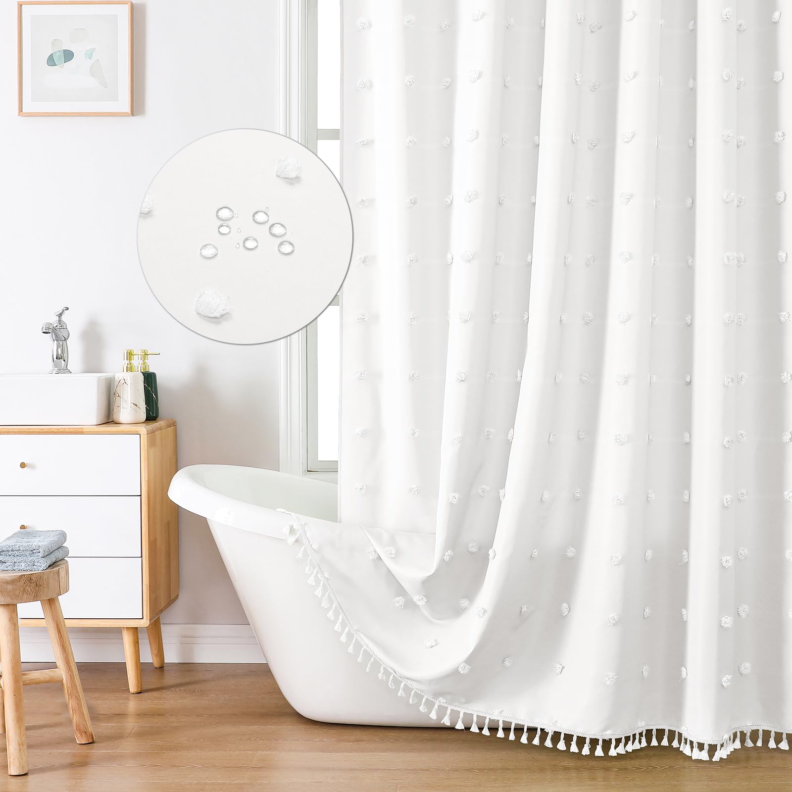 Lilycat Boho Farmhouse White Fabric Shower Curtain, 72X84 Tufted Pleat Floral Puffs Textured Tassel Cute Rustic Vintage Shower C