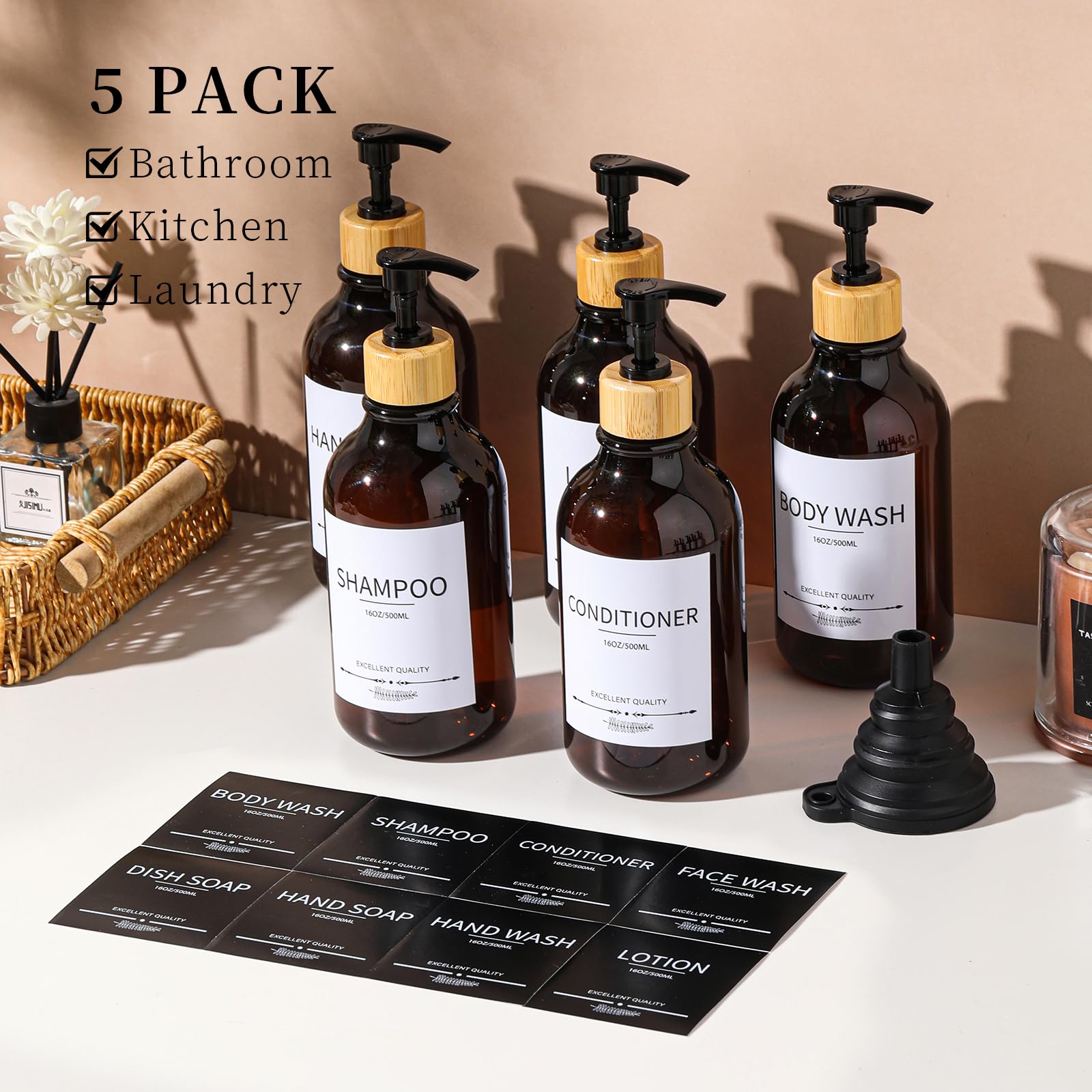 Shampoo And Conditioner Dispenser, 5Pack Refillable Shampoo And Conditioner Bottles,16.9Oz Pump Bottles For Shampoo And Conditio