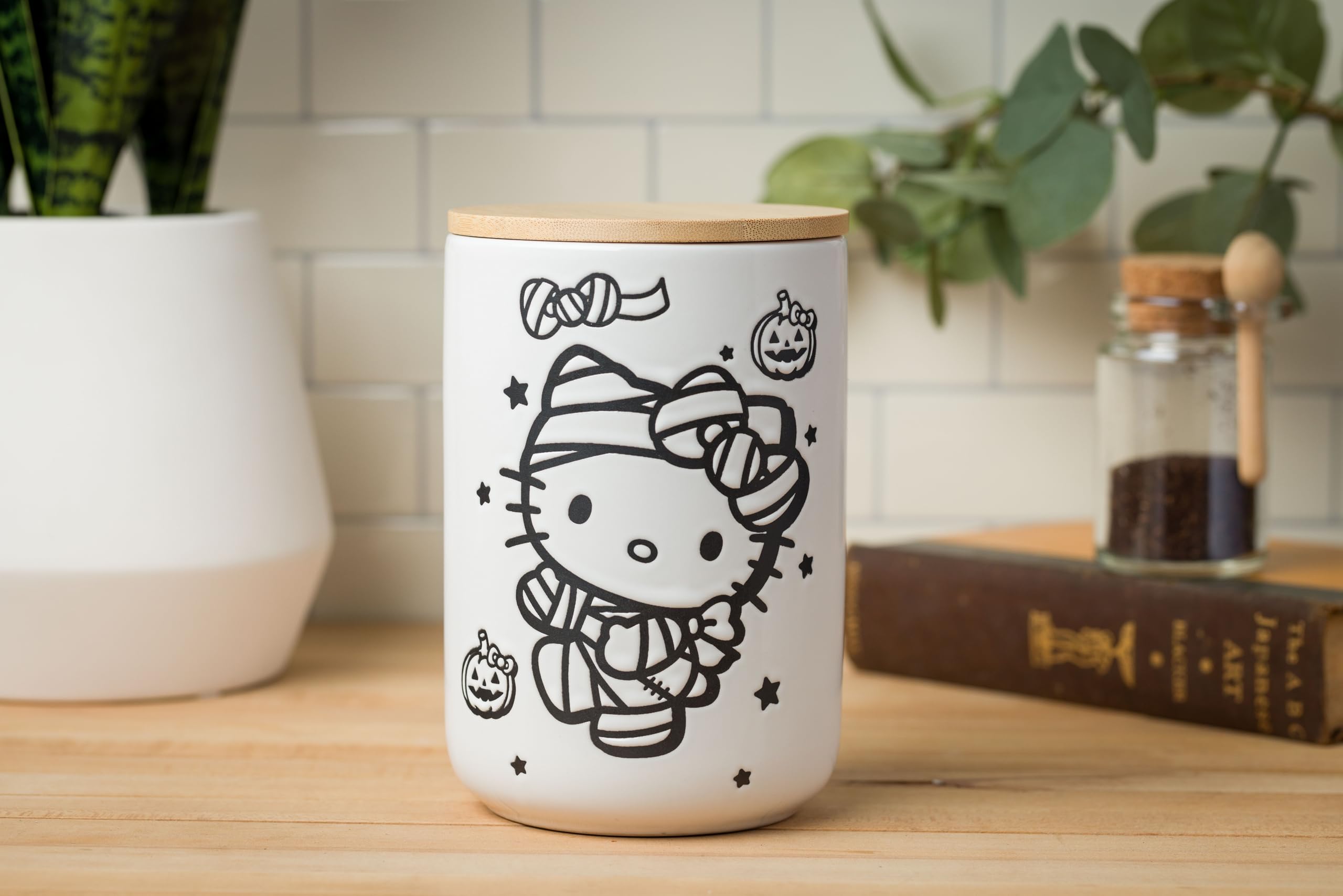 Silver Buffalo Sanrio Hello Kitty Halloween Spooky Mummy Ceramic Cookie Snack Candy Jar With Airtight Bamboo Lid (Small)