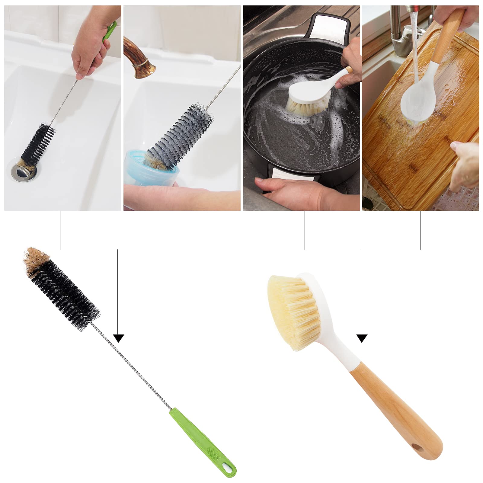 Dish Brush, Bottle Brush And With Bamboo Handle Cleaner Brush-Skillet Scrubber With Tough Nylon Bristles For Scrub Brush For Pan