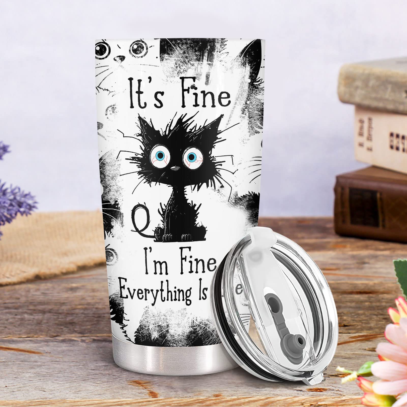 34Hd Gifts For Halloween, Crazy Cat Tumbler With Lid 20 Oz Stainless Steel, Black Cat Cup, It'S Fine I'M Fine Mug, Cat Gifts For
