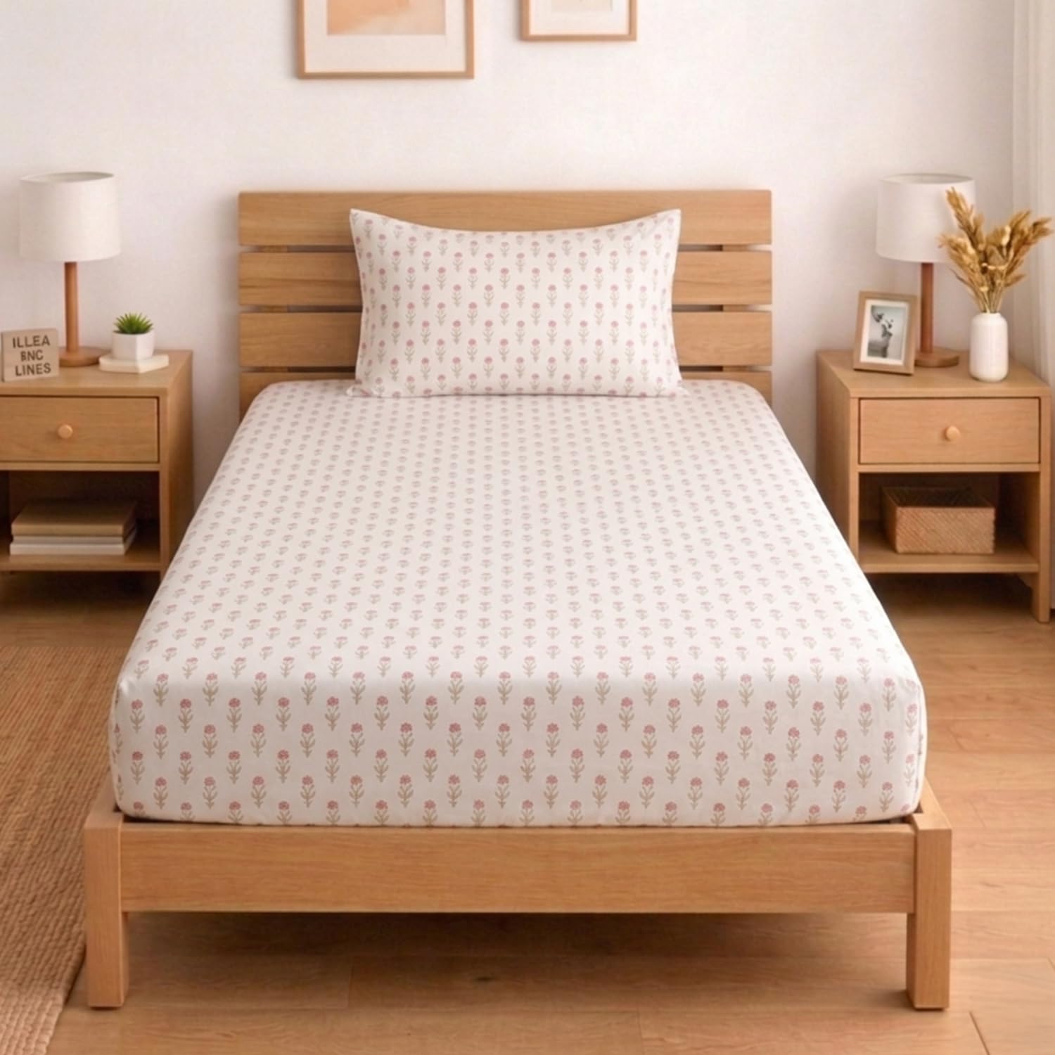 Unalome 100% Cotton Percale Fitted Bedsheet For Single Size Bed 1.25 Feet Deep Pocket, 1 Elastic Fitted Bedsheet (3.25 Feet X 6.