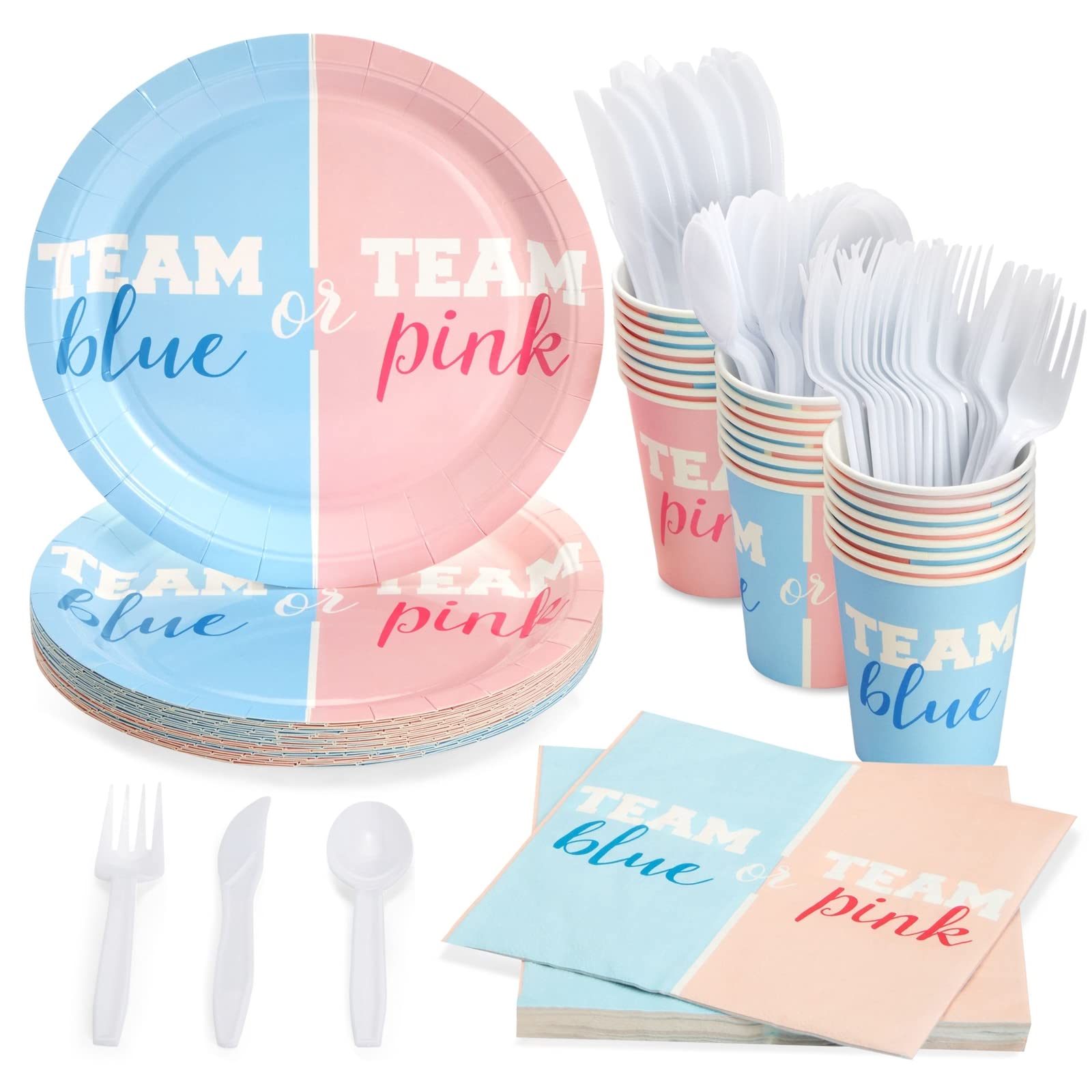 BLUE PANDA Paper Gender Reveal Tableware Set - Team Boy & Team Girl Tableware - Party Supply for 24 Guests - Durable Gender Reve