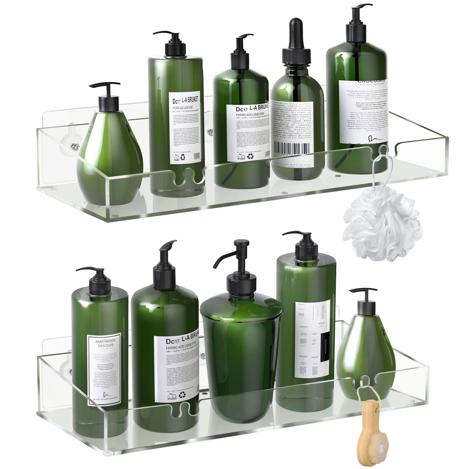 Durmmur 2Pack Acrylic Clear Shower Shelves, Adhesive Bathroom Shower Caddy Organizer, Transparent No Drilling Wall Floating Shel