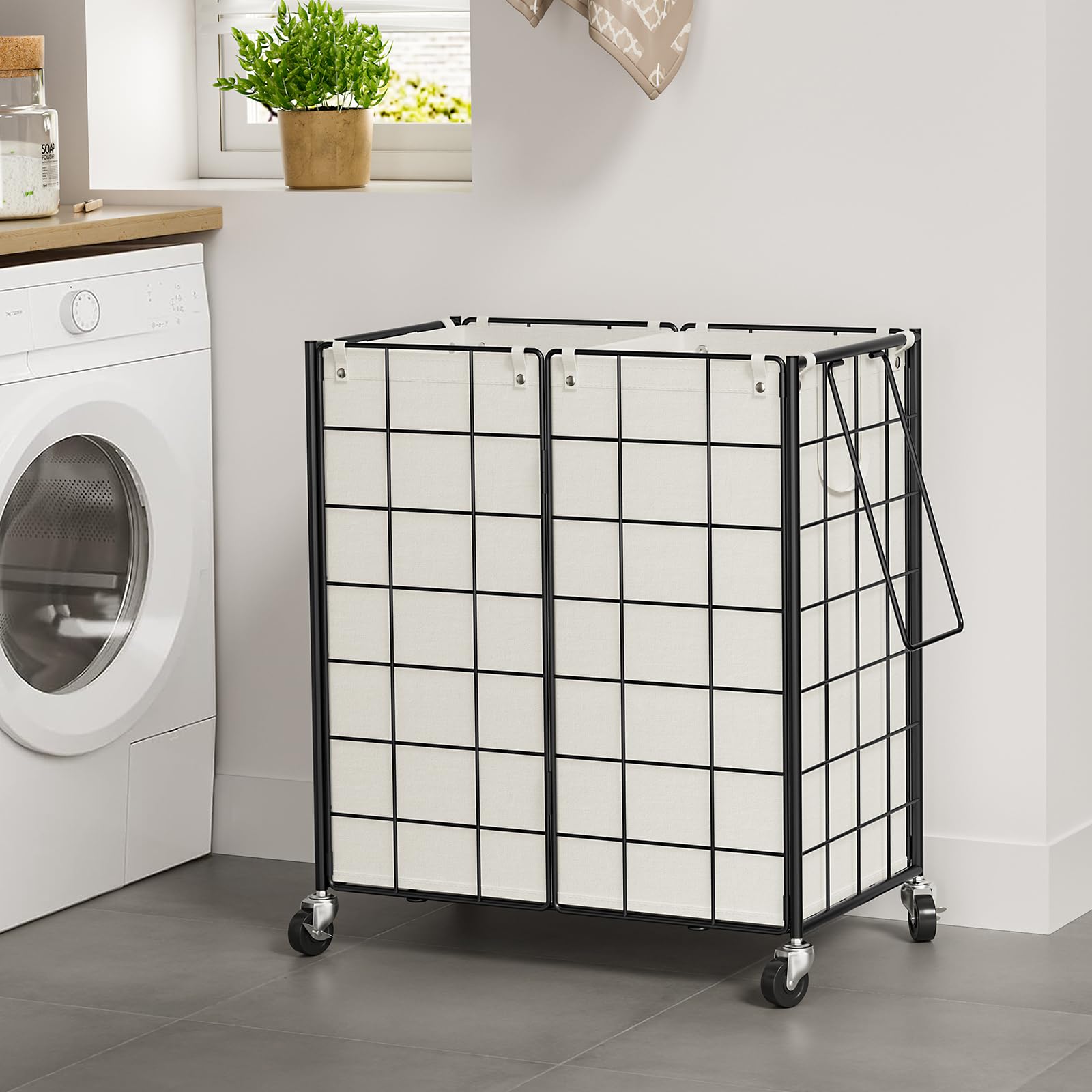 Wowlive Double Laundry Hamper With Wheels,Metal Wire Frame Rolling Laundry Basket With 2 Removable Bags,120L Dirty Clothes Hampe